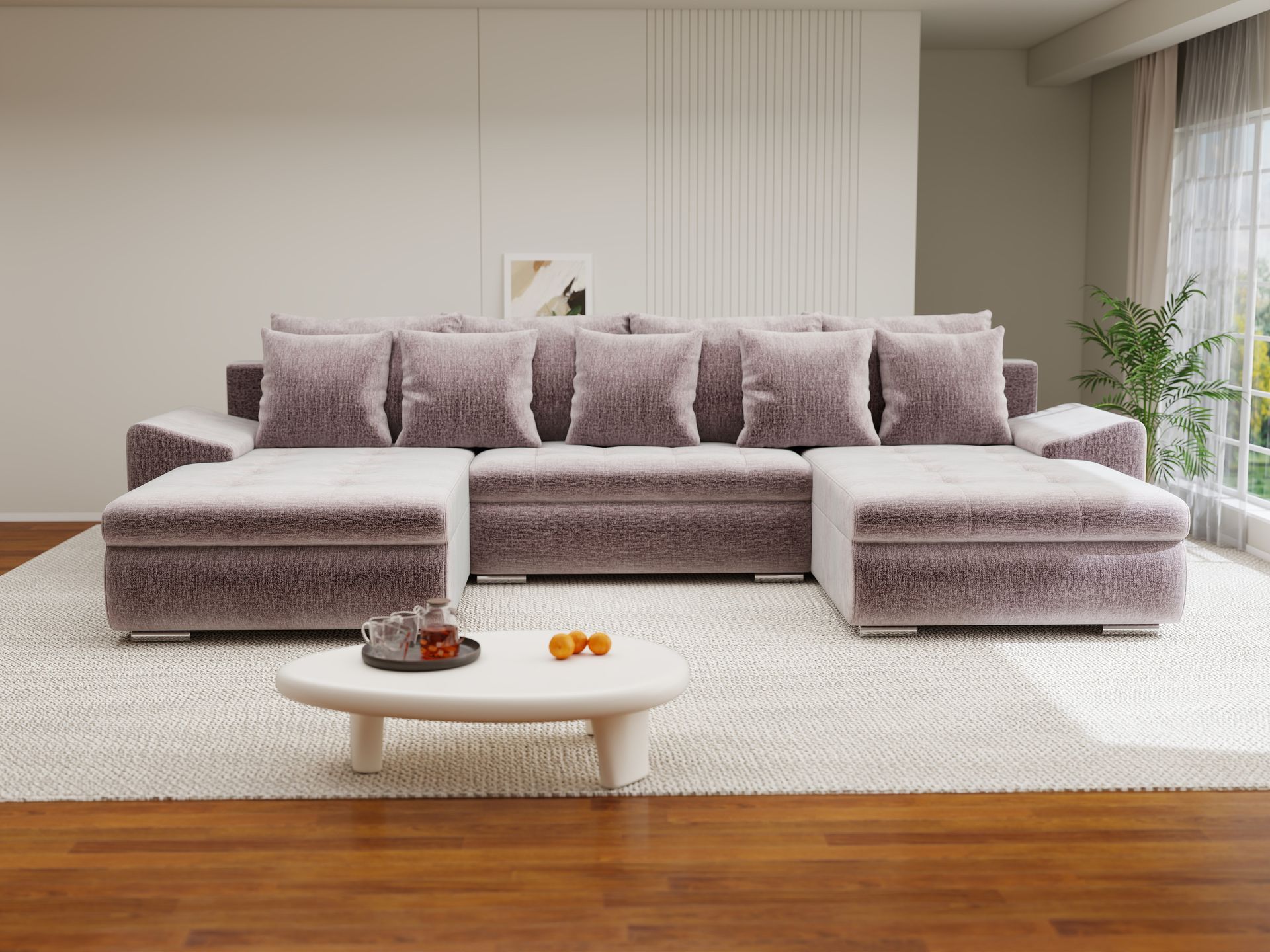 Colțar extensibil dumonde cu ladă de depozitare si sezut confortabil din spuma high-density, Leonardo U Monolith Roz Pudrat 62 360x185 cm