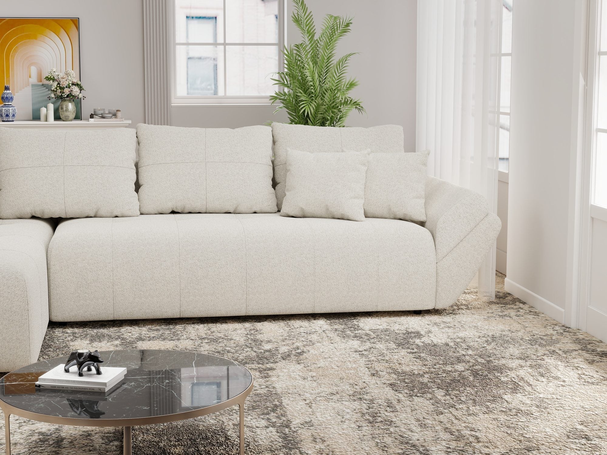Colțar extensibil dumonde cu ladă de depozitare si sezut confortabil din spuma high-density, Berlin XL Monte Bej 03 350x185 cm