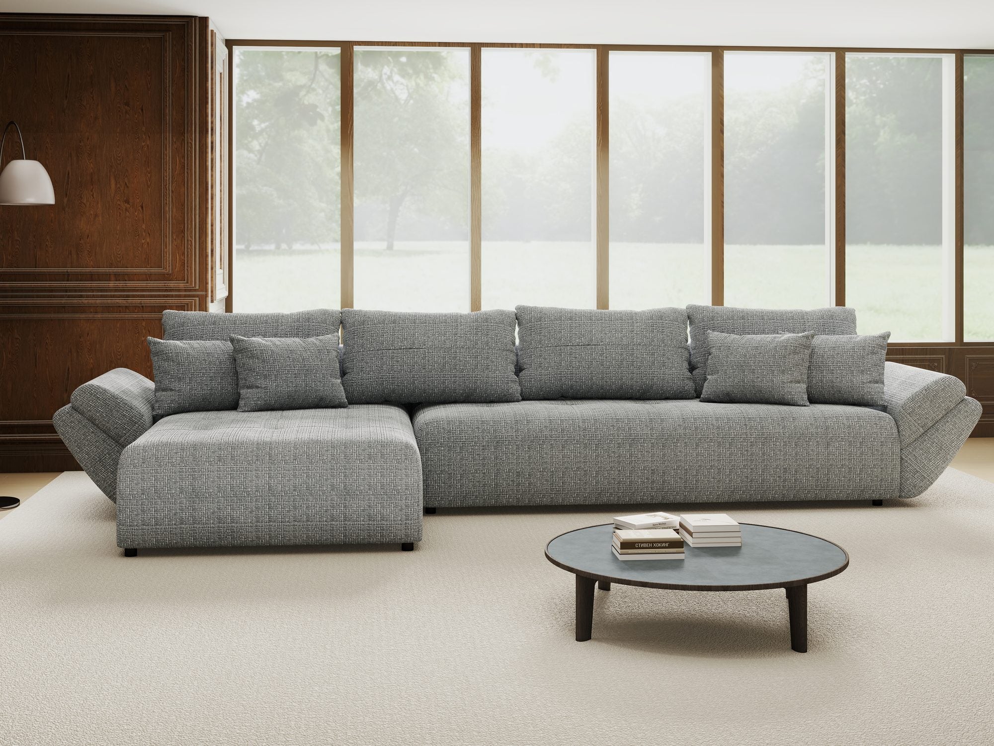 Colțar extensibil dumonde cu ladă de depozitare si sezut confortabil din spuma high-density, Berlin XL Cremona Gri 85 350x185 cm