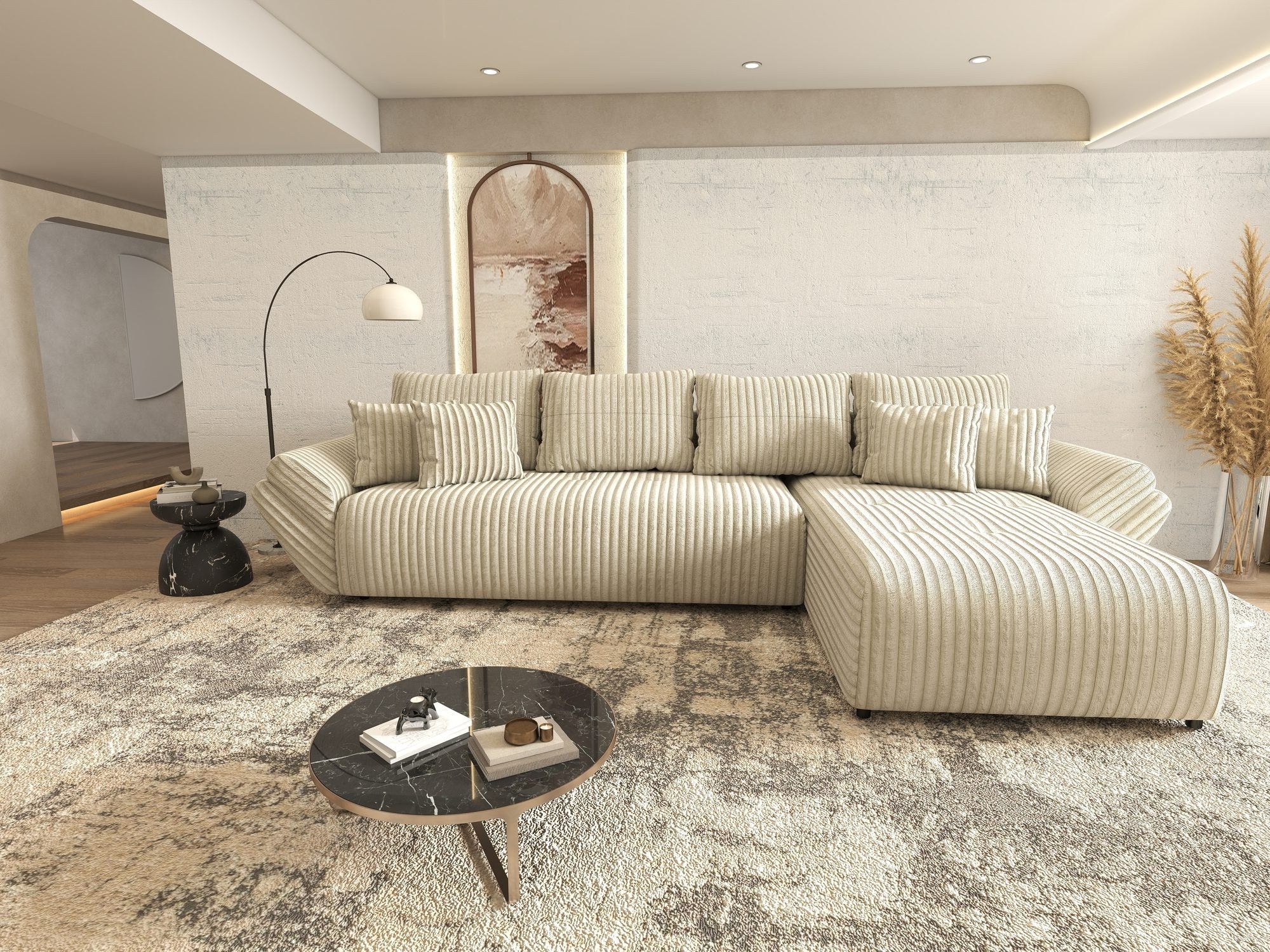 Colțar extensibil dumonde cu ladă de depozitare si sezut confortabil din spuma high-density, Berlin XL Tilia Bej 08 II 350x185 cm