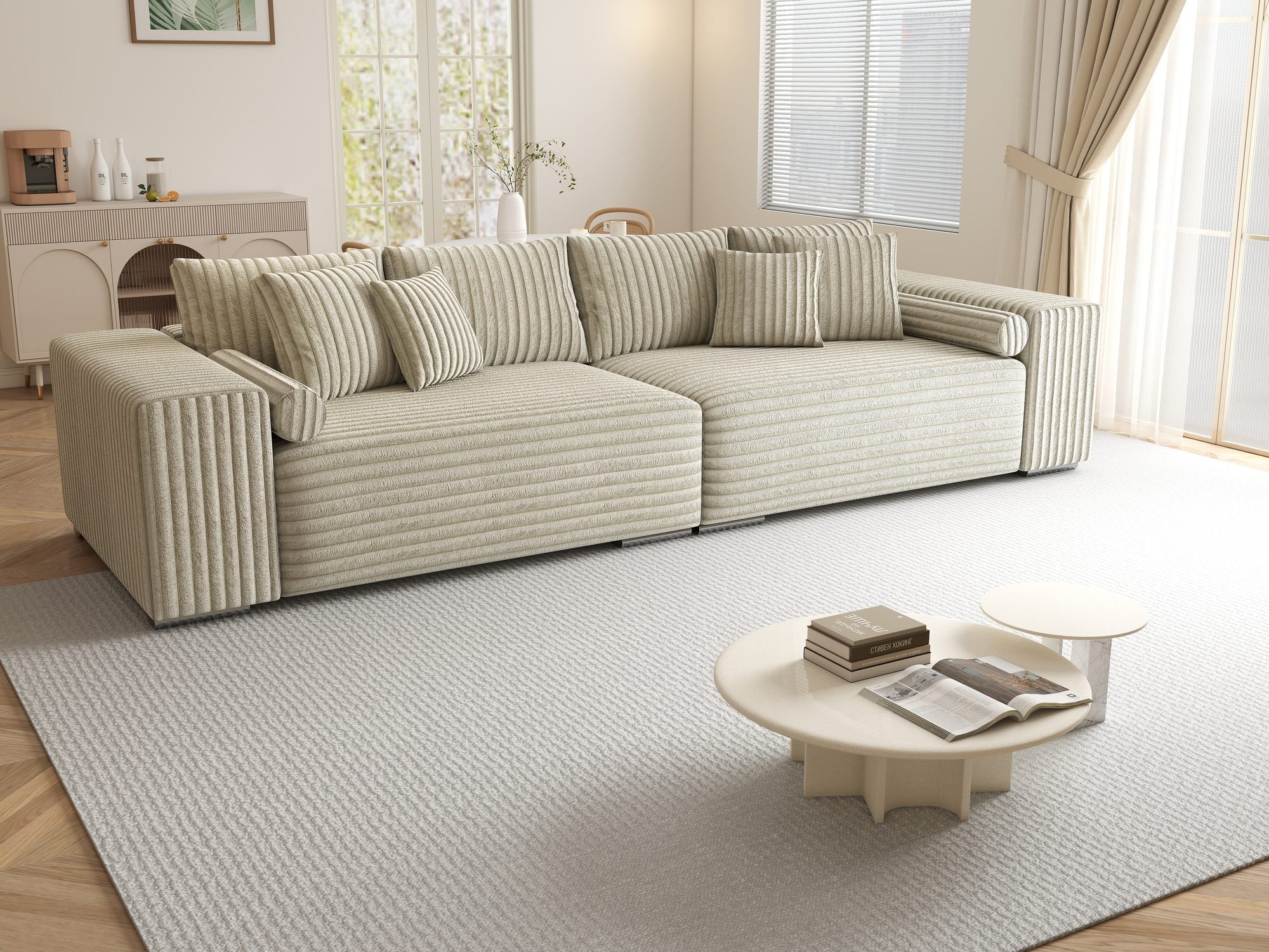 Canapea extensibilă dumonde cu ladă de depozitare si sezut confortabil din spuma high-density, Marbela XXL Tilia Bej 08 290x100 cm