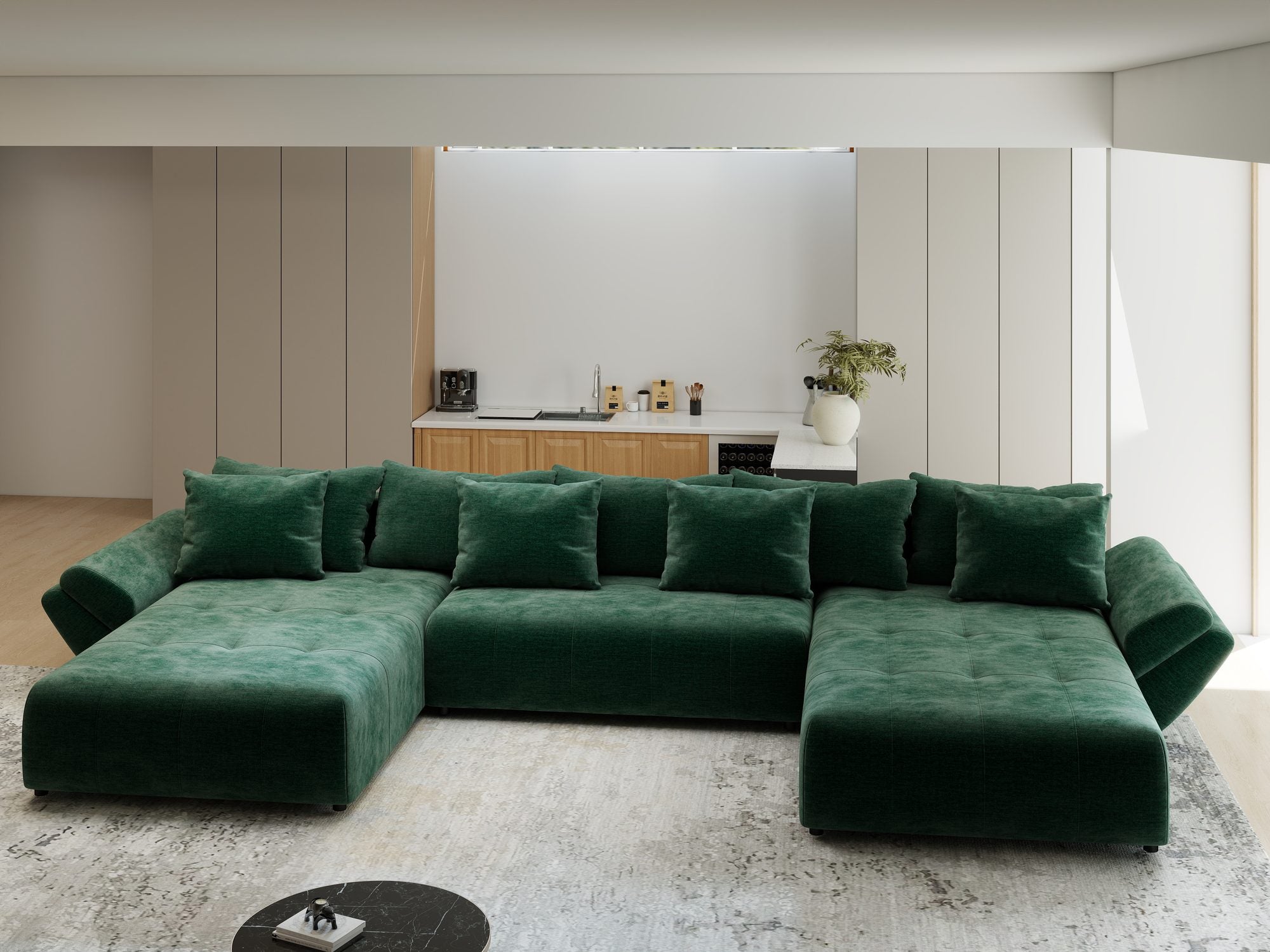 Colțar extensibil dumonde cu ladă de depozitare si sezut confortabil din spuma high-density, Berlin U Monolith Verde 37 380x180 cm