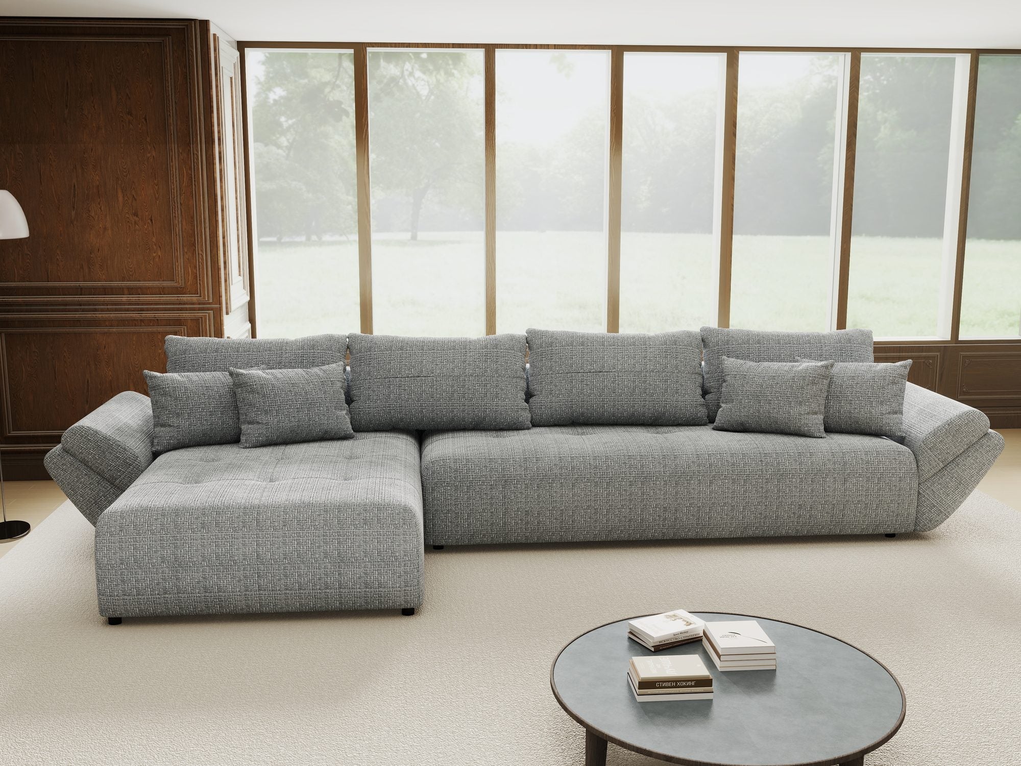 Colțar extensibil dumonde cu ladă de depozitare si sezut confortabil din spuma high-density, Berlin XL Cremona Gri 85 350x185 cm