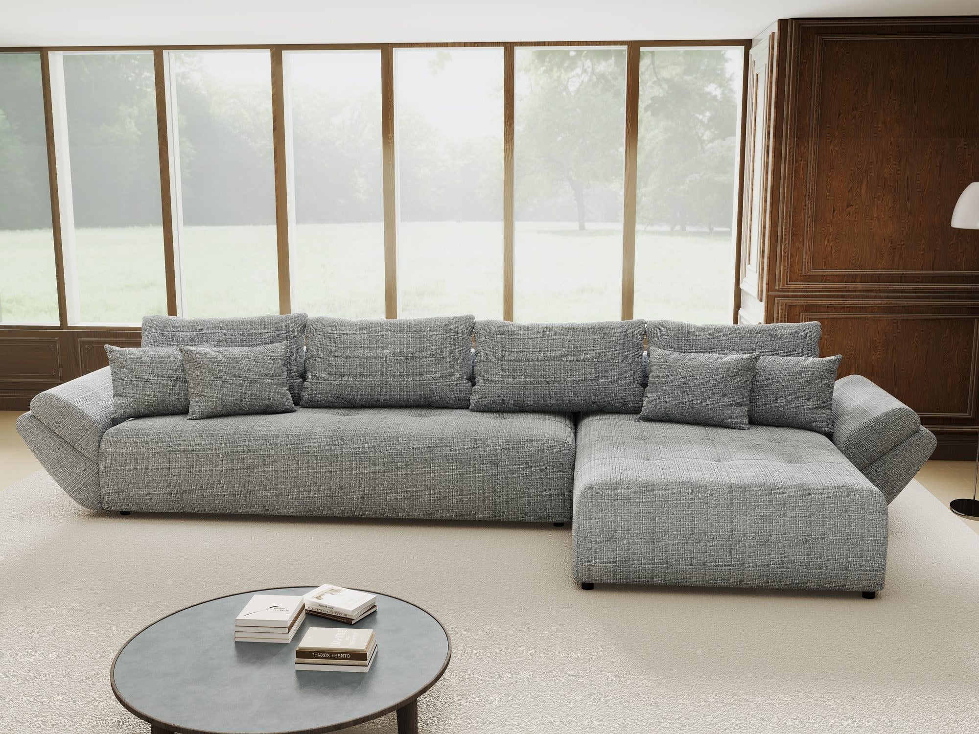 Colțar extensibil dumonde cu ladă de depozitare si sezut confortabil din spuma high-density, Berlin XL Cremona Gri 85 II 350x185 cm