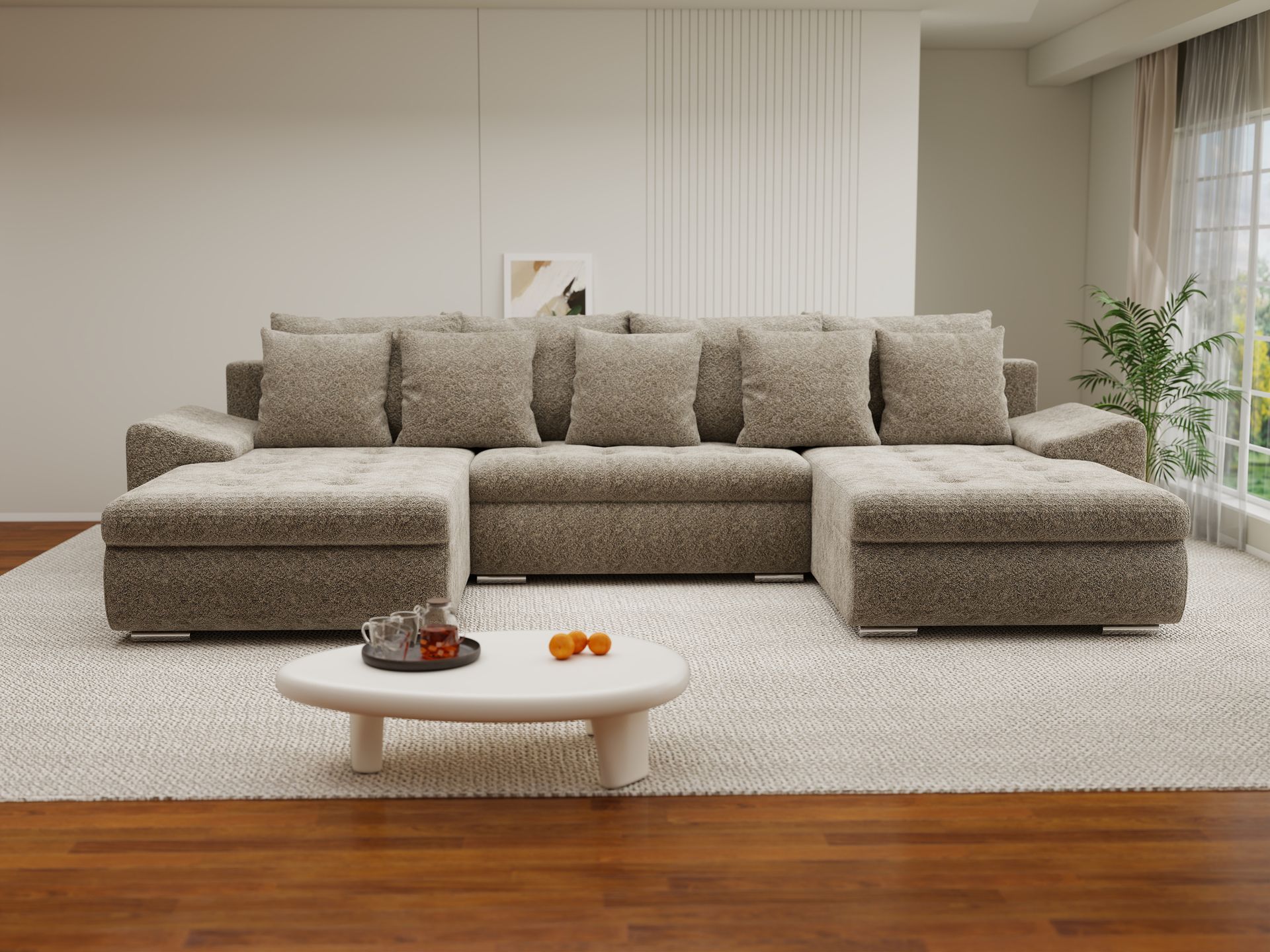 Colțar extensibil dumonde cu ladă de depozitare si sezut confortabil din spuma high-density, Leonardo U Arena Bej 04 360x185 cm