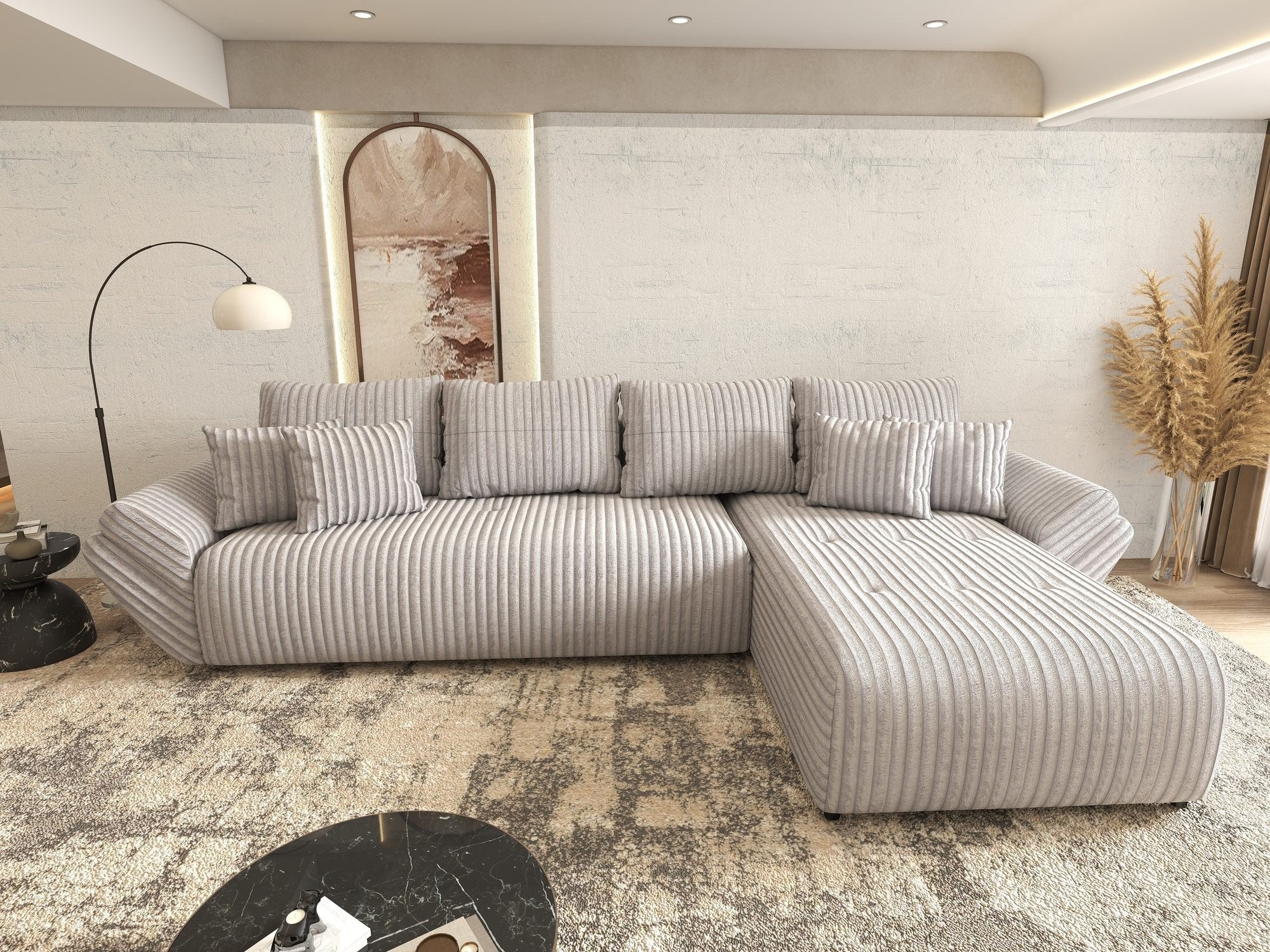 Colțar extensibil dumonde cu ladă de depozitare si sezut confortabil din spuma high-density, Berlin XL Tilia Gri 86 II 350x185 cm