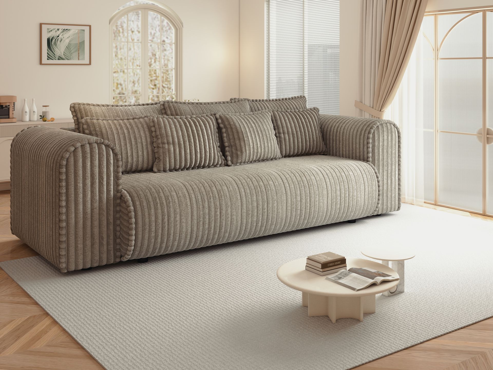 Canapea extensibilă dumonde cu ladă de depozitare si sezut confortabil din spuma high-density, Monaco Mica Tilia Capucino 240x100 cm