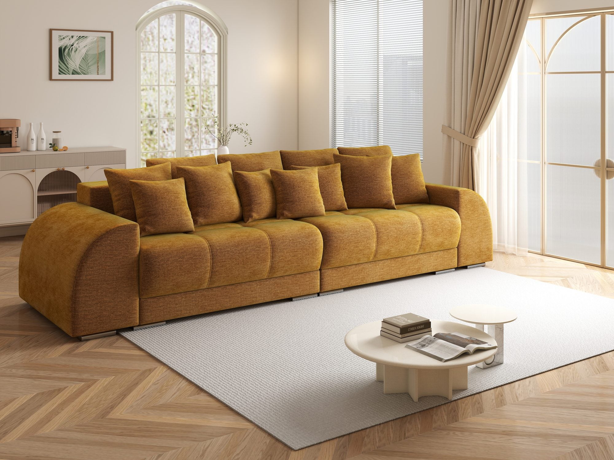Canapea extensibilă dumonde cu 2 lăzi de depozitare si sezut confortabil din spuma high-density, Verona Monolith Mustar 48 310x100 cm