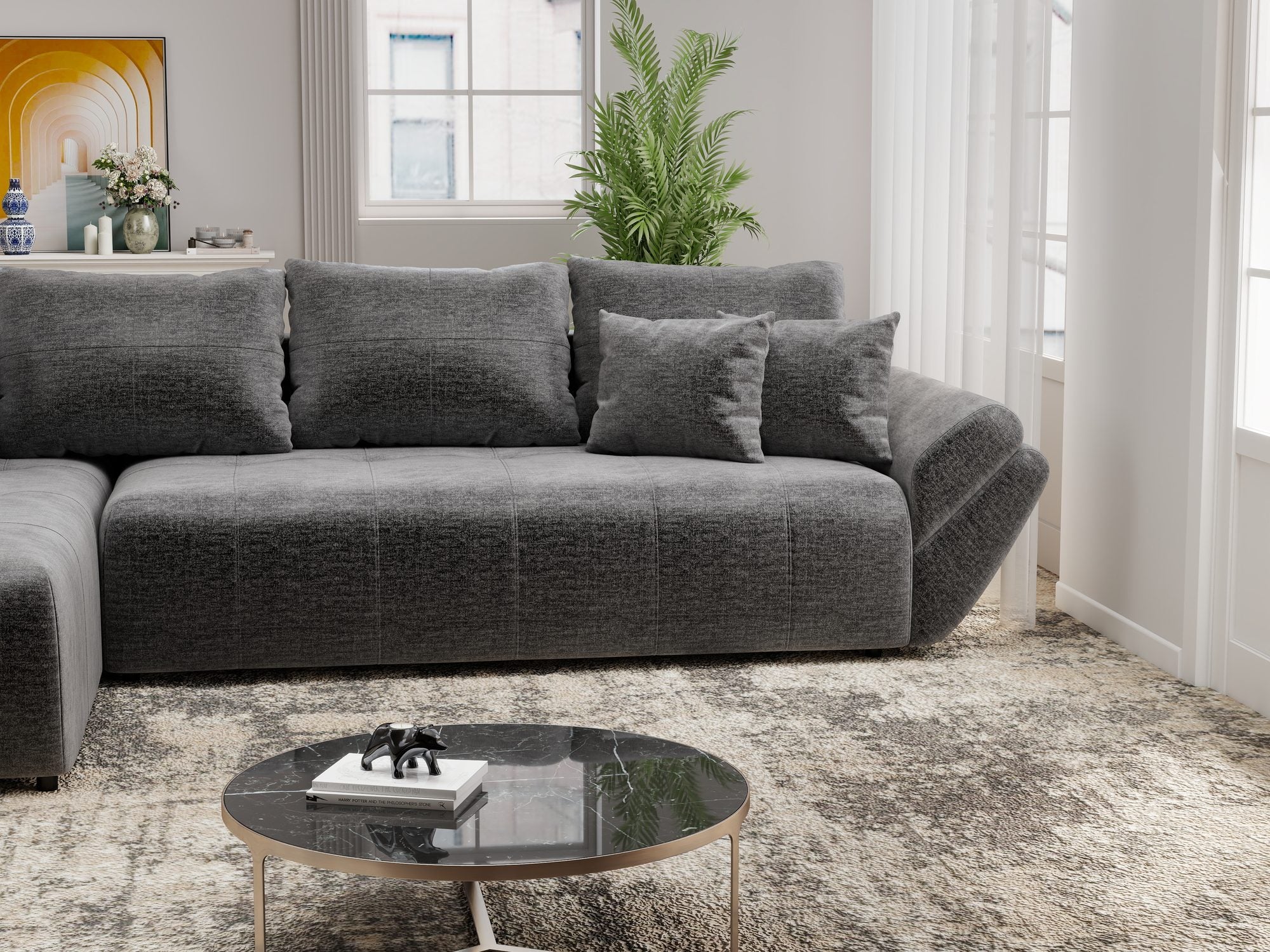 Colțar extensibil dumonde cu ladă de depozitare si sezut confortabil din spuma high-density, Berlin XL Monolith Gri Antracit 97 350x185 cm