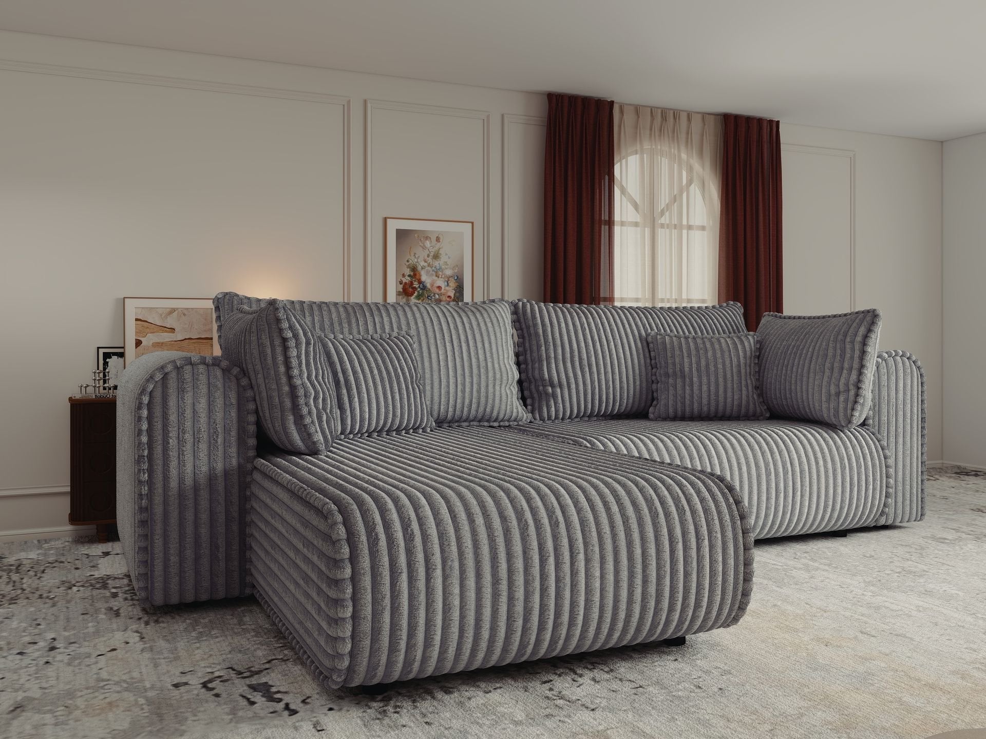 Colțar extensibil dumonde cu ladă de depozitare si sezut confortabil din spuma high-density, Monaco L Tilia Dove 270x100 cm