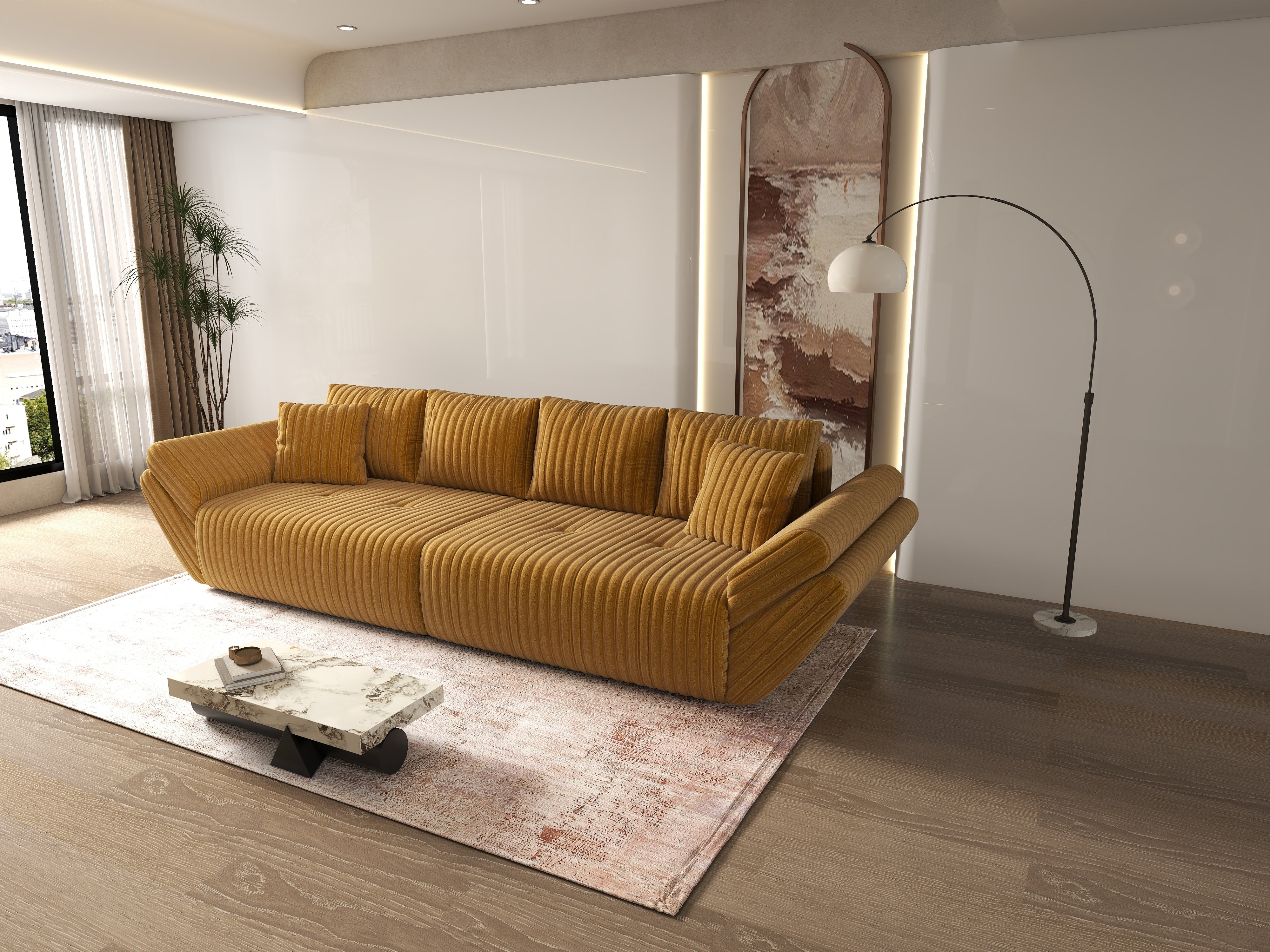 Canapea extensibilă dumonde cu ladă de depozitare si sezut confortabil din spuma HR, Berlin Ambience Mustar 300x100 cm Fabrica