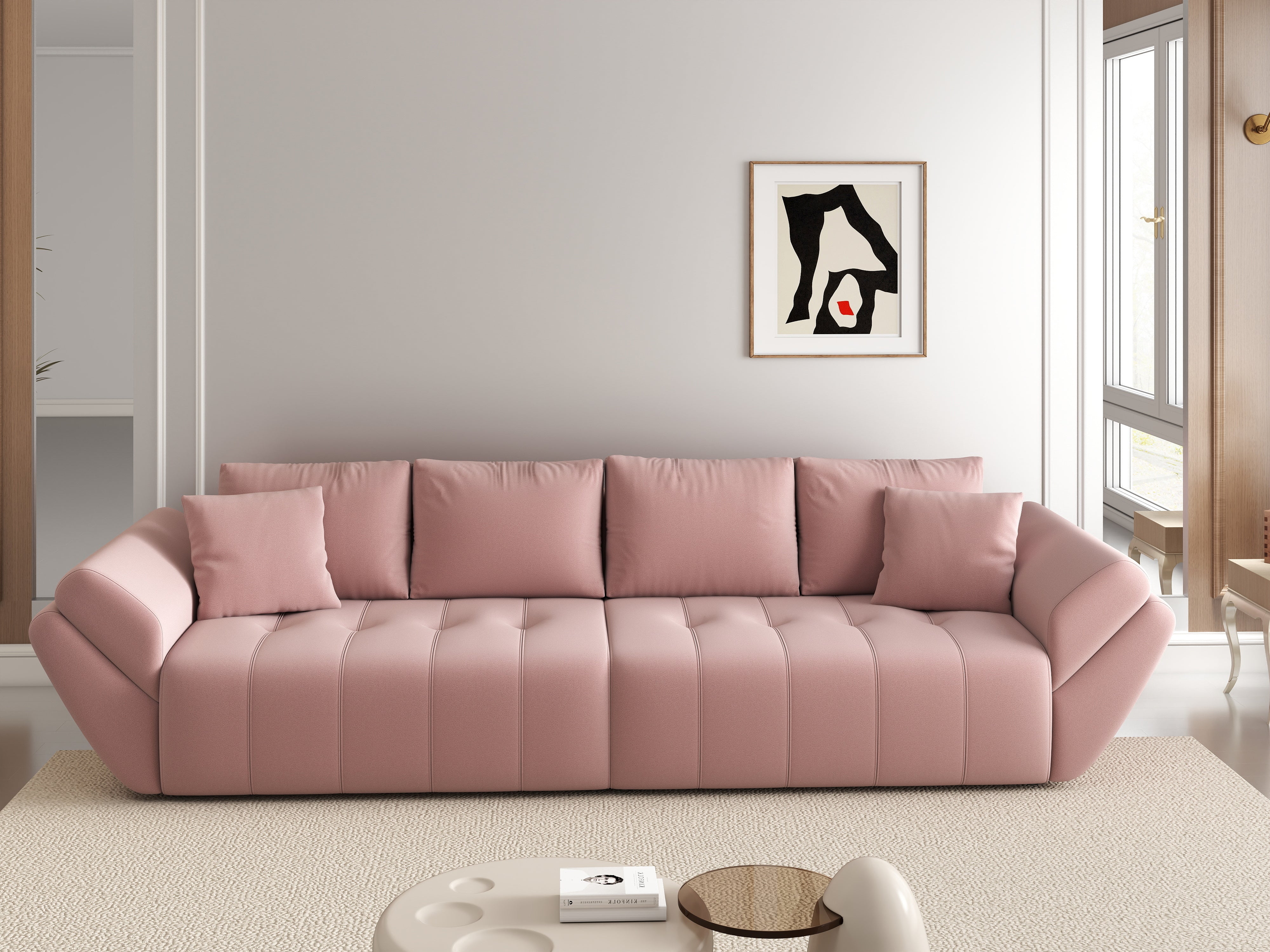 Canapea extensibilă dumonde cu ladă de depozitare si sezut confortabil din spuma HR, Berlin Royal Pink 300x100 cm Fabrica