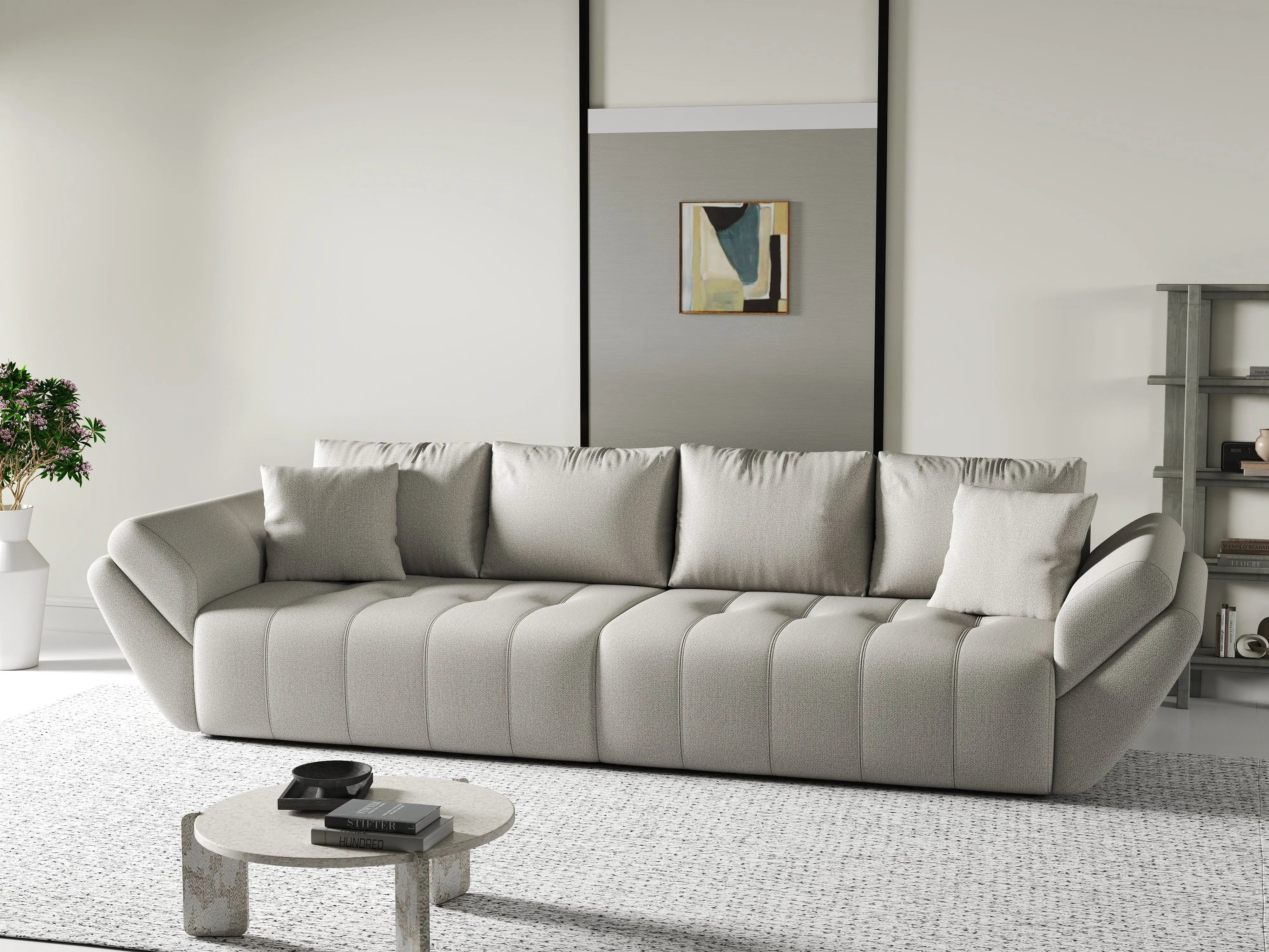 Canapea extensibilă dumonde cu ladă de depozitare si sezut confortabil din spuma HR, Berlin Enjoy Beige 300x100 cm Fabrica