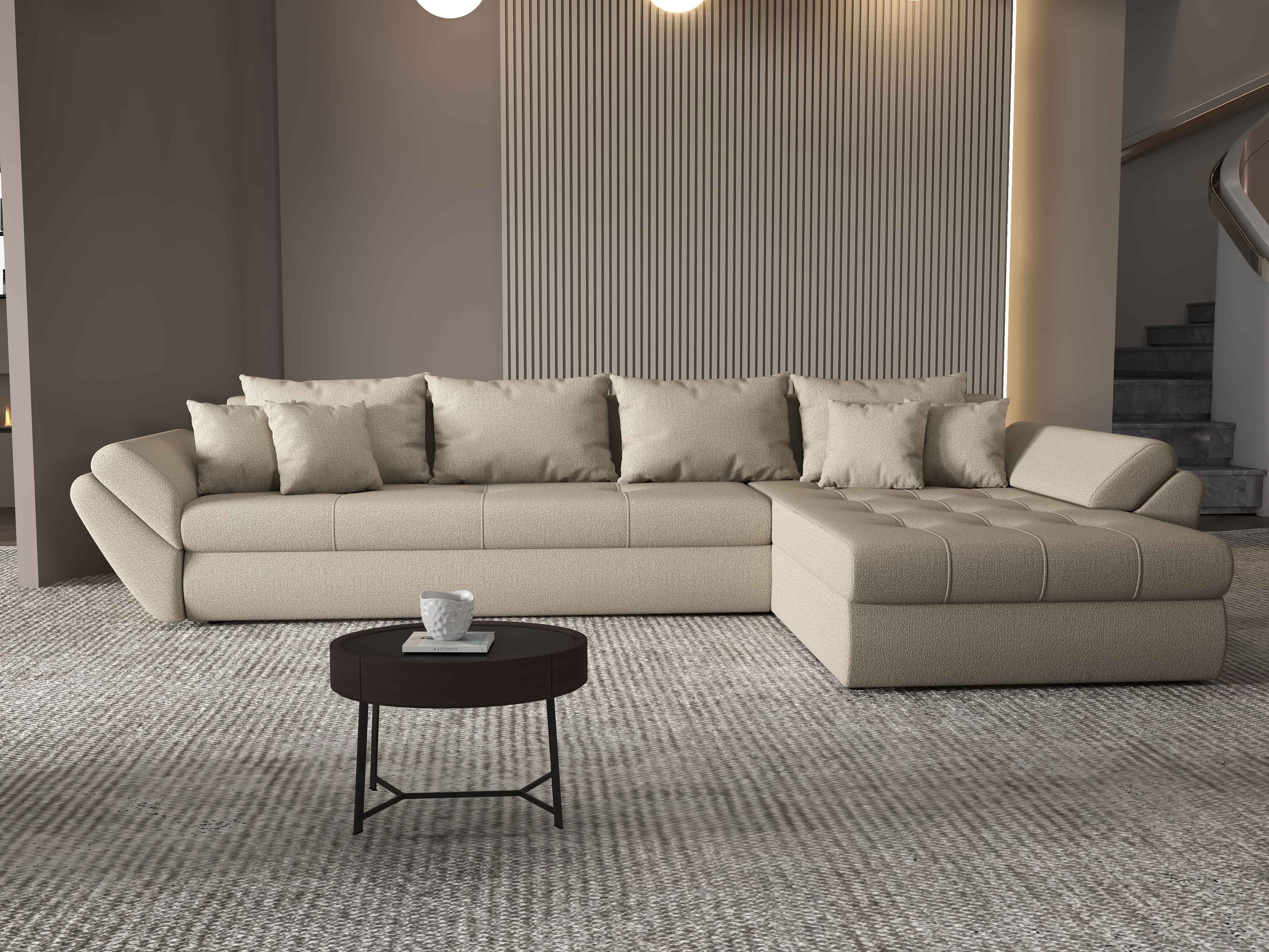 Colțar extensibil dumonde cu ladă de depozitare si sezut confortabil din spuma HR, Loana XL Enjoy Camel II 335x185 cm Fabrica