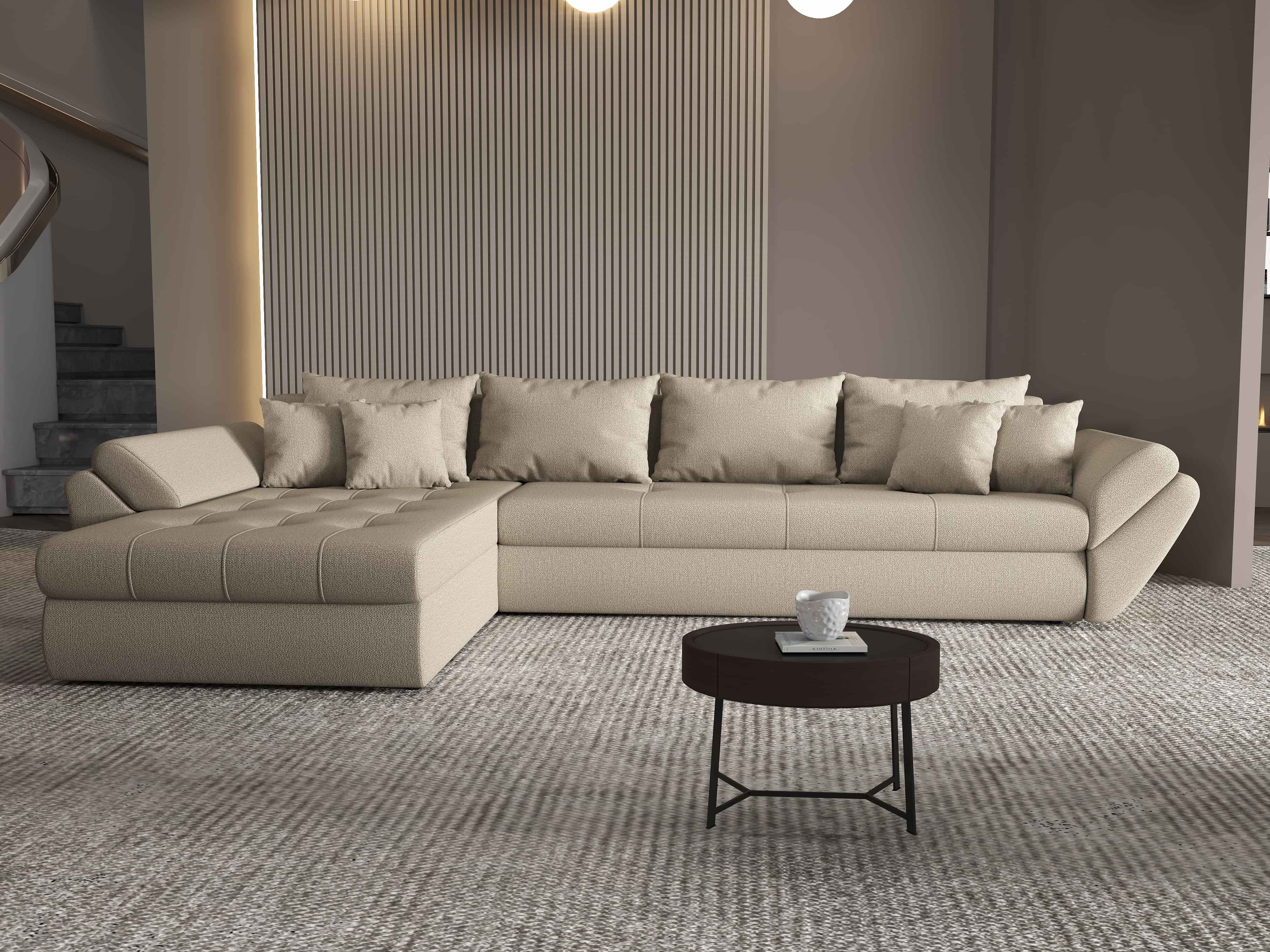 Colțar extensibil dumonde cu ladă de depozitare si sezut confortabil din spuma HR, Loana XL Enjoy Camel 335x185 cm Fabrica
