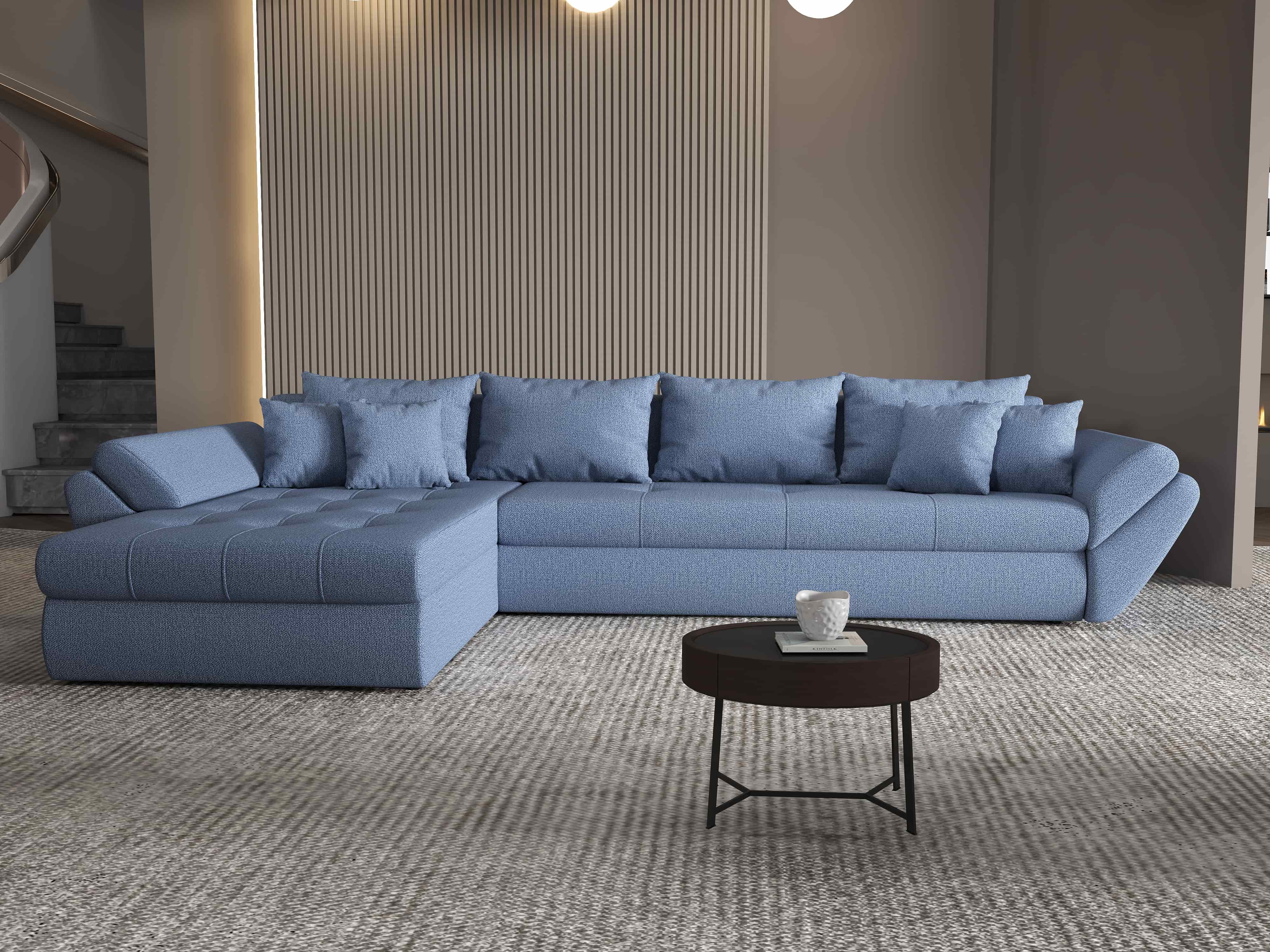 Colțar extensibil dumonde cu ladă de depozitare si sezut confortabil din spuma HR, Loana XL Enjoy Albastru 335x185 cm Fabrica