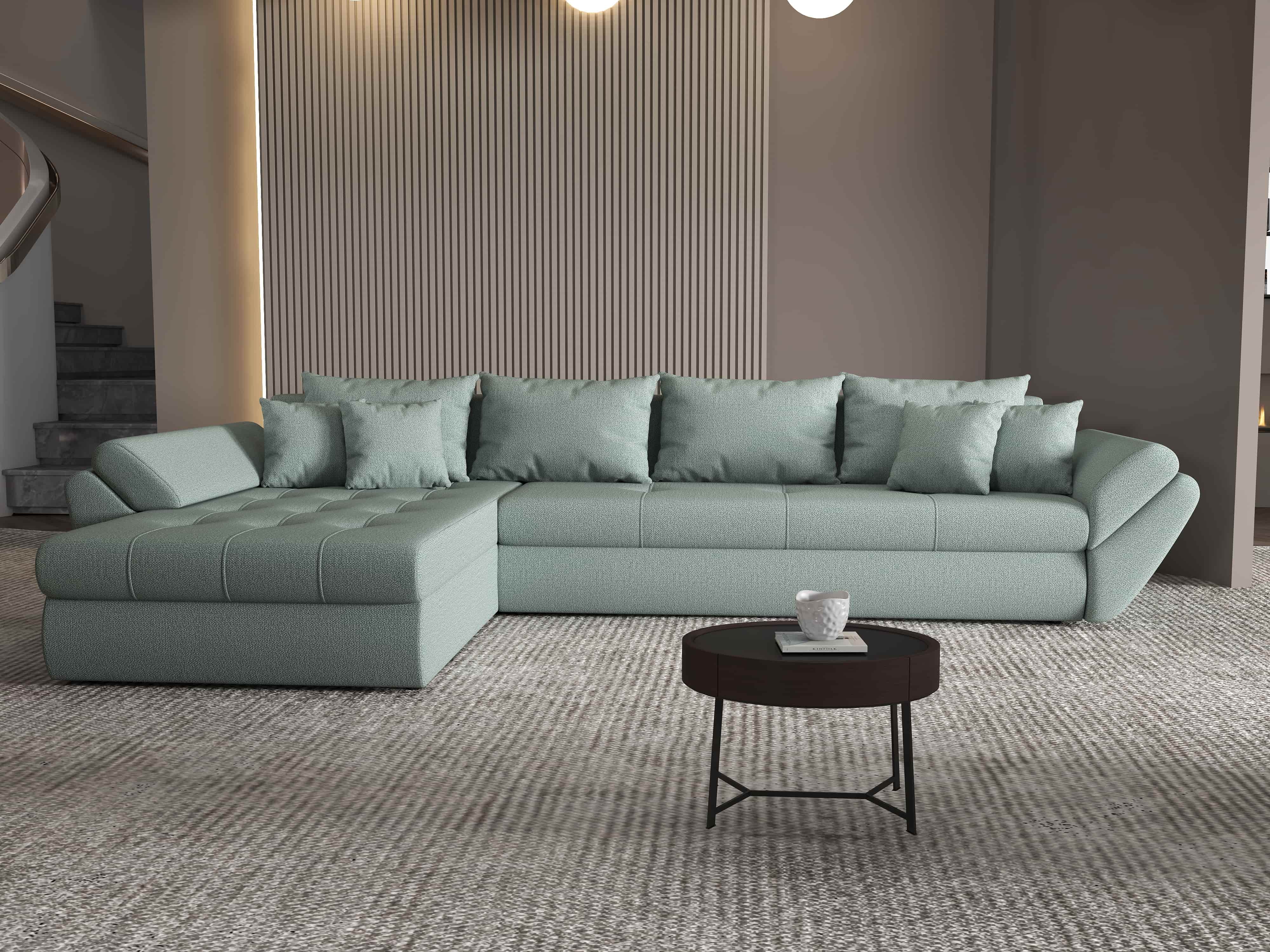 Colțar extensibil dumonde cu ladă de depozitare si sezut confortabil din spuma HR, Loana XL Enjoy Mint 335x185 cm Fabrica