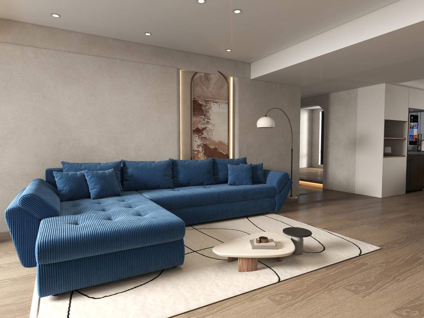 Colțar extensibil dumonde cu ladă de depozitare si sezut confortabil din spuma HR, Loana XL Zoom Albastru 335x185 cm Fabrica