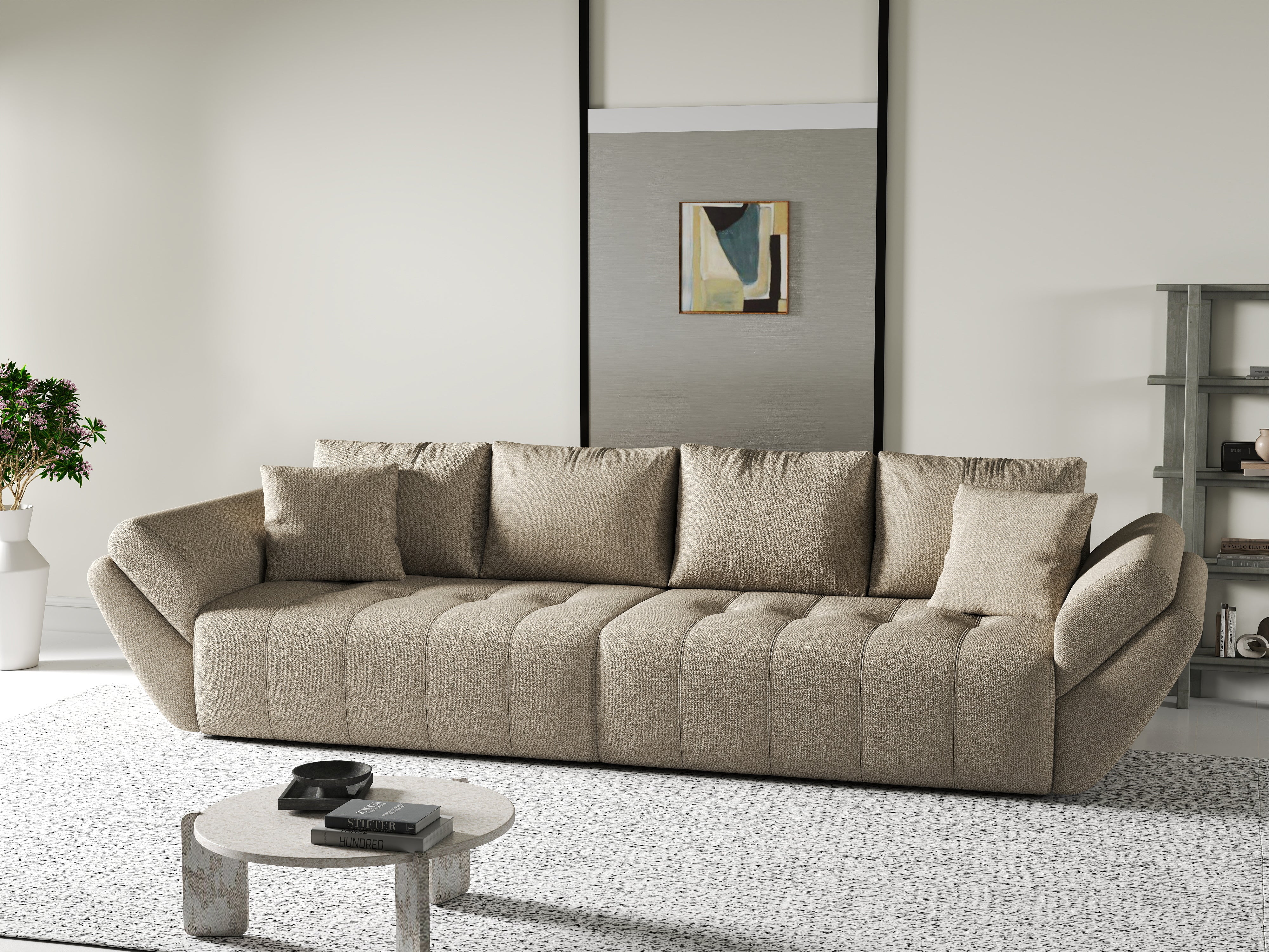 Canapea extensibilă dumonde cu ladă de depozitare si sezut confortabil din spuma HR, Berlin Enjoy Camel 300x100 cm Fabrica