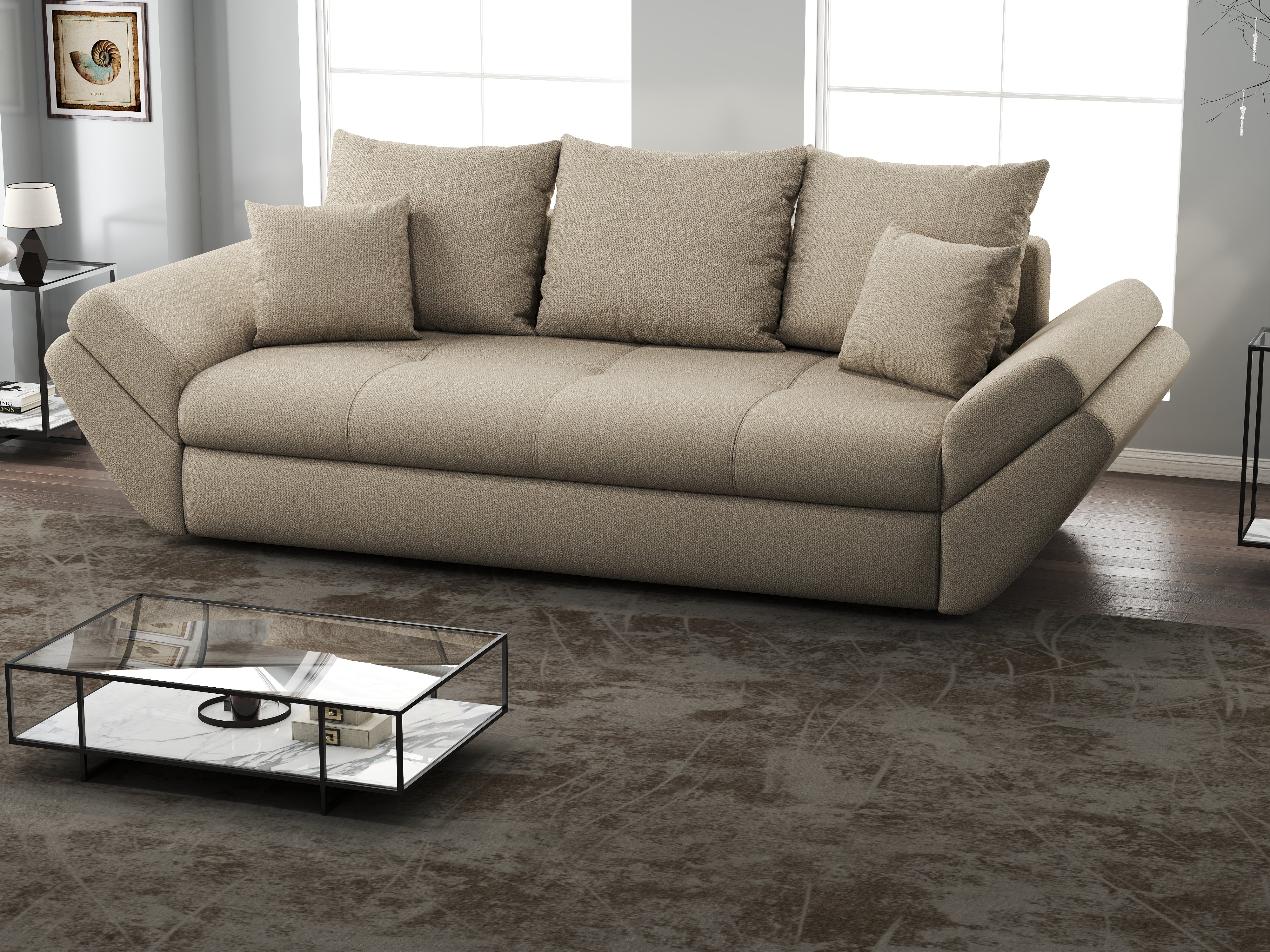 Canapea extensibilă dumonde cu ladă de depozitare si sezut confortabil din spuma HR, Loana Enjoy Camel 250x100 cm Fabrica