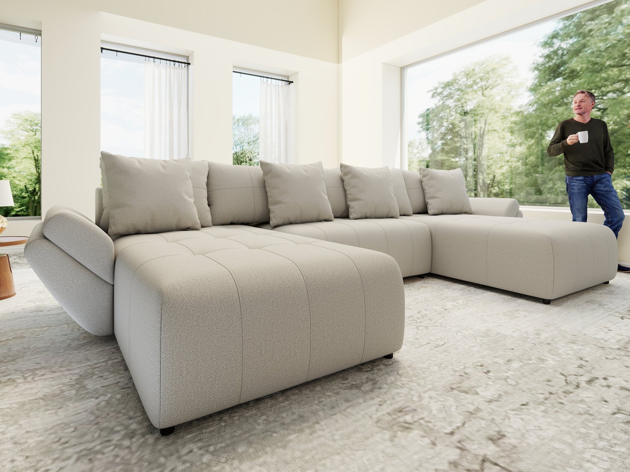 Colțar extensibil dumonde cu ladă de depozitare si sezut confortabil din spuma high-density, Berlin U Enjoy Bej 400x185 cm