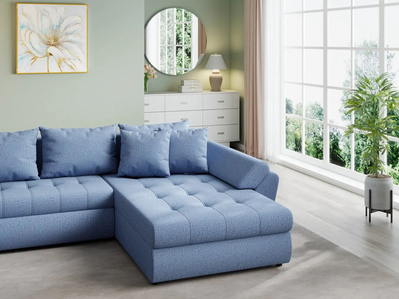 Colțar extensibil dumonde cu ladă de depozitare si sezut confortabil din spuma HR, Loana U Enjoy Blue 355x185 cm Fabrica