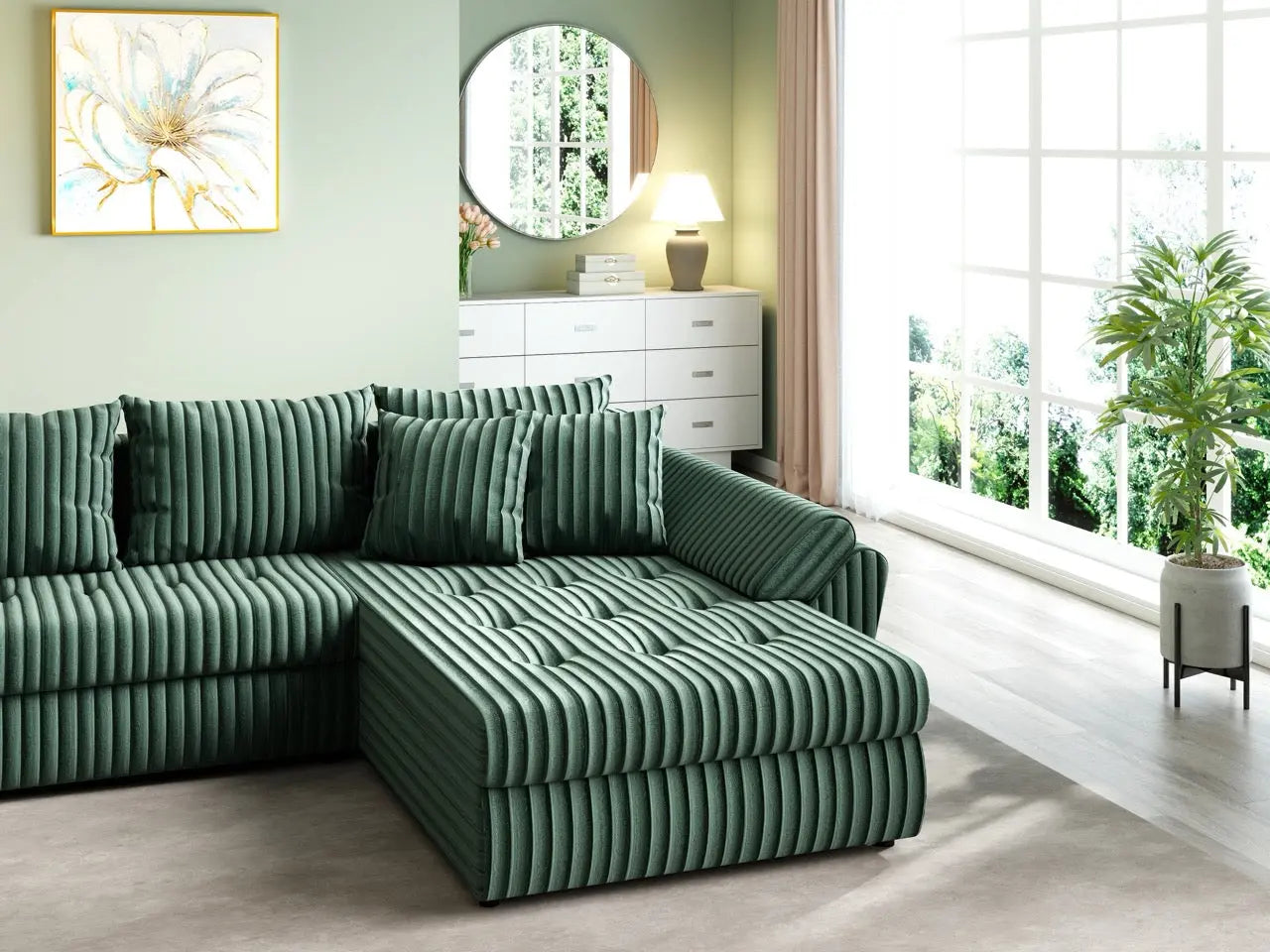 Colțar extensibil dumonde cu ladă de depozitare si sezut confortabil din spuma HR, Loana U Ambience Green 355x185 cm Fabrica