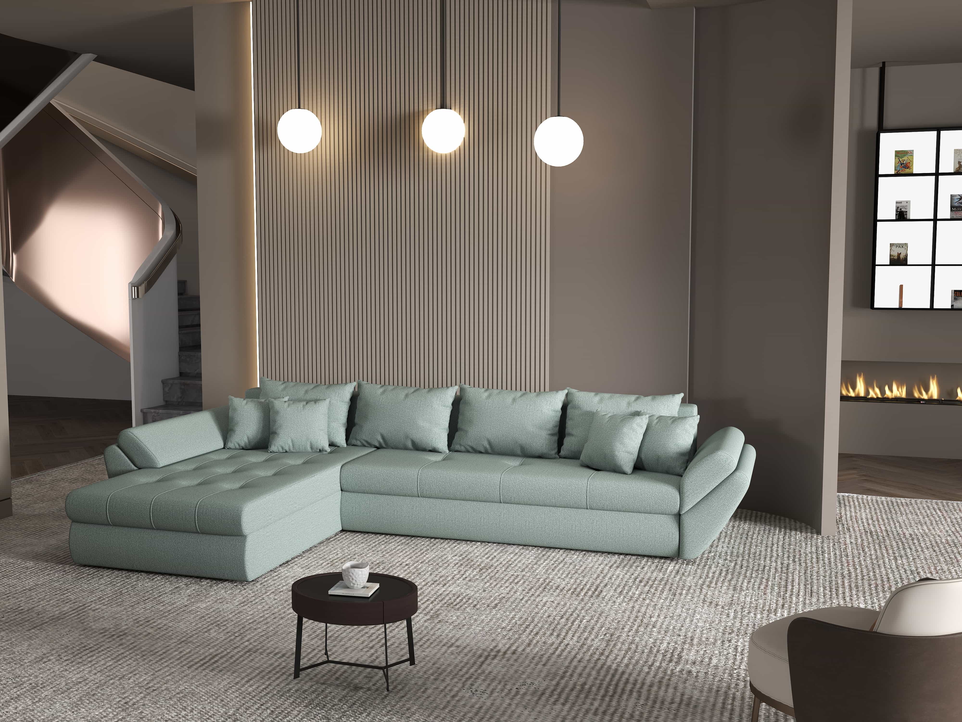 Colțar extensibil dumonde cu ladă de depozitare si sezut confortabil din spuma HR, Loana XL Enjoy Mint 335x185 cm Fabrica