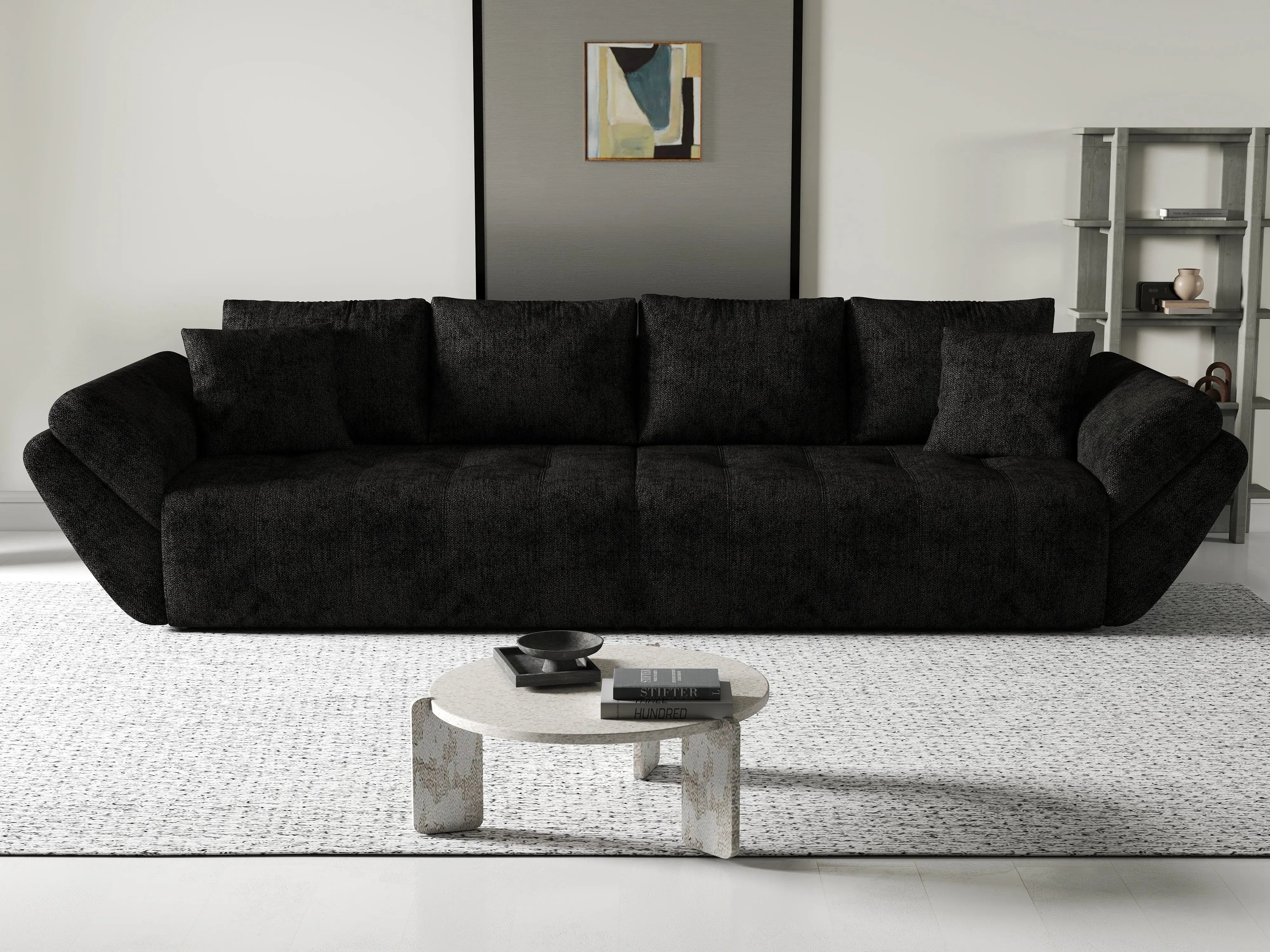 Canapea extensibilă dumonde cu ladă de depozitare si sezut confortabil din spuma HR, Berlin Enjoy Black 300x100 cm Fabrica