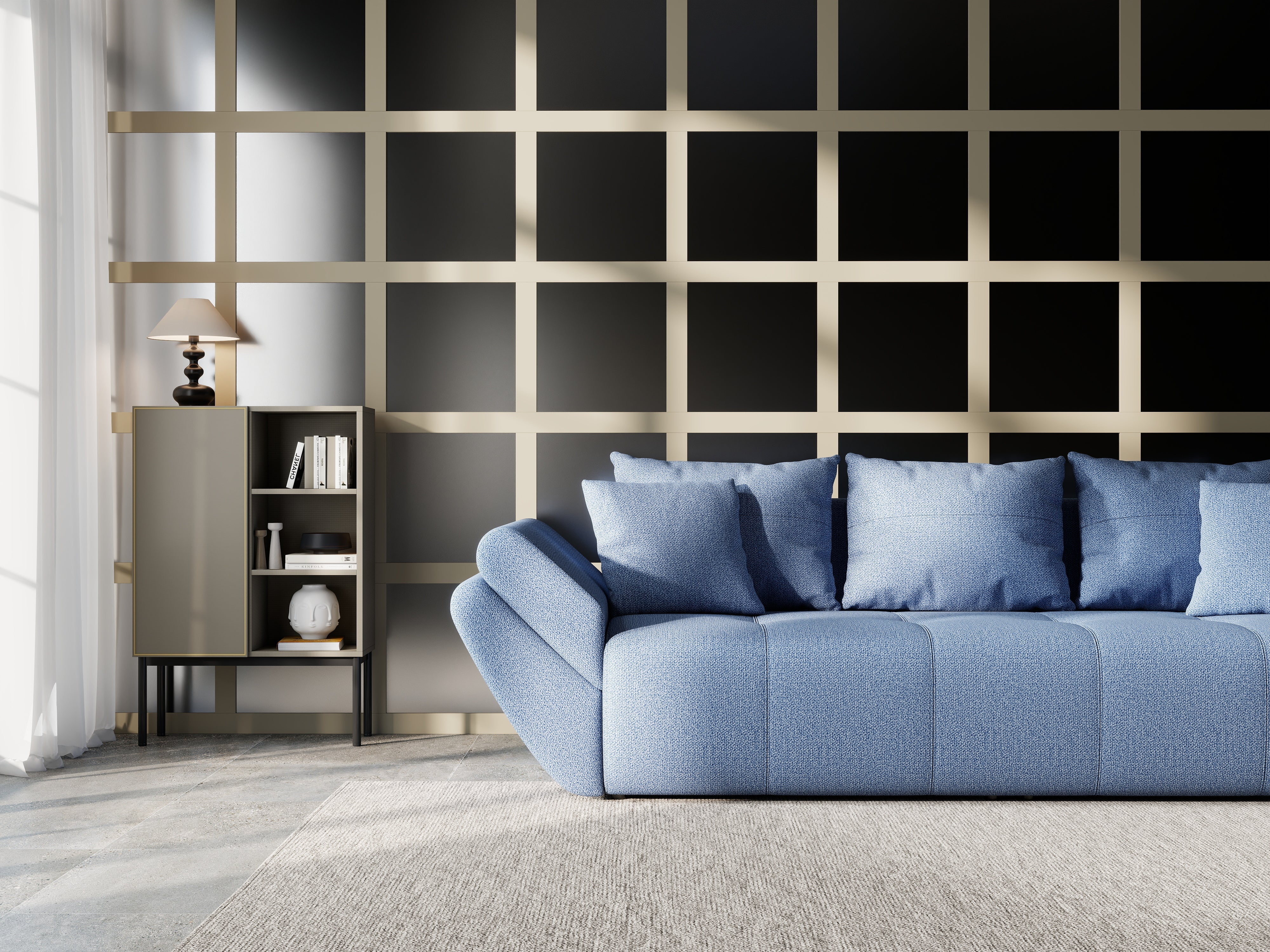 Canapea extensibilă dumonde cu ladă de depozitare si sezut confortabil din spuma HR, Berlin Enjoy Blue 250x100 cm Fabrica