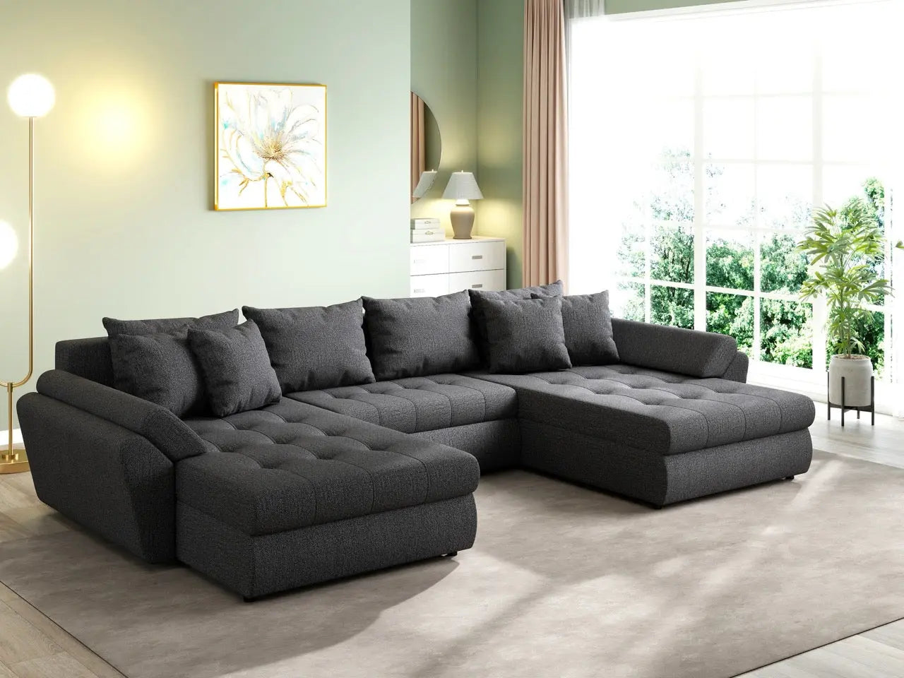 Colțar extensibil dumonde cu ladă de depozitare si sezut confortabil din spuma HR, Loana U Enjoy Grafit 355x185 cm Fabrica