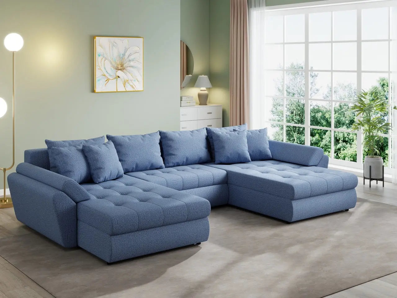 Colțar extensibil dumonde cu ladă de depozitare si sezut confortabil din spuma HR, Loana U Enjoy Blue 355x185 cm Fabrica