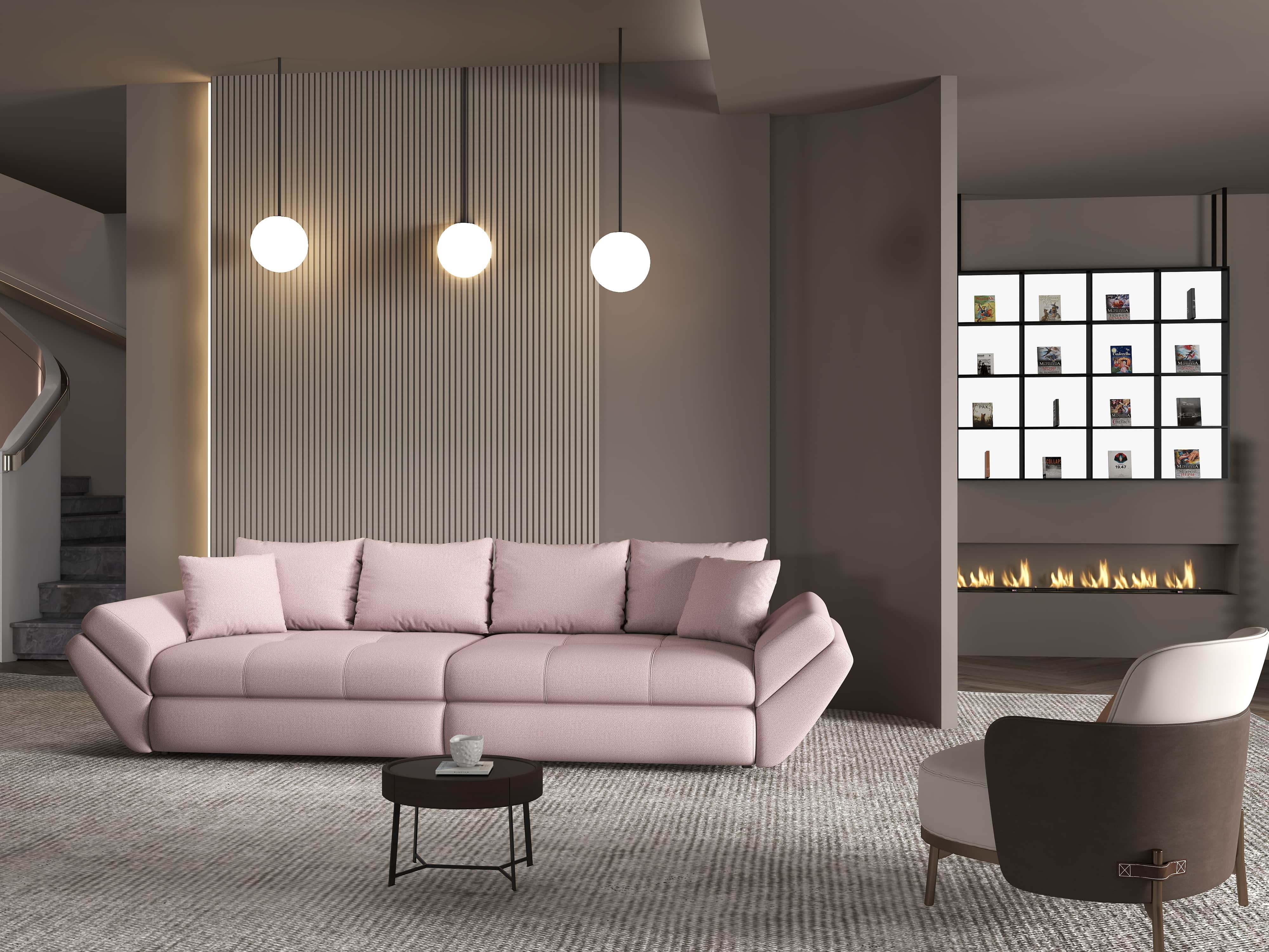 Canapea extensibilă dumonde cu ladă de depozitare si sezut confortabil din spuma HR, Loana Enjoy Roz 300x100 cm Fabrica