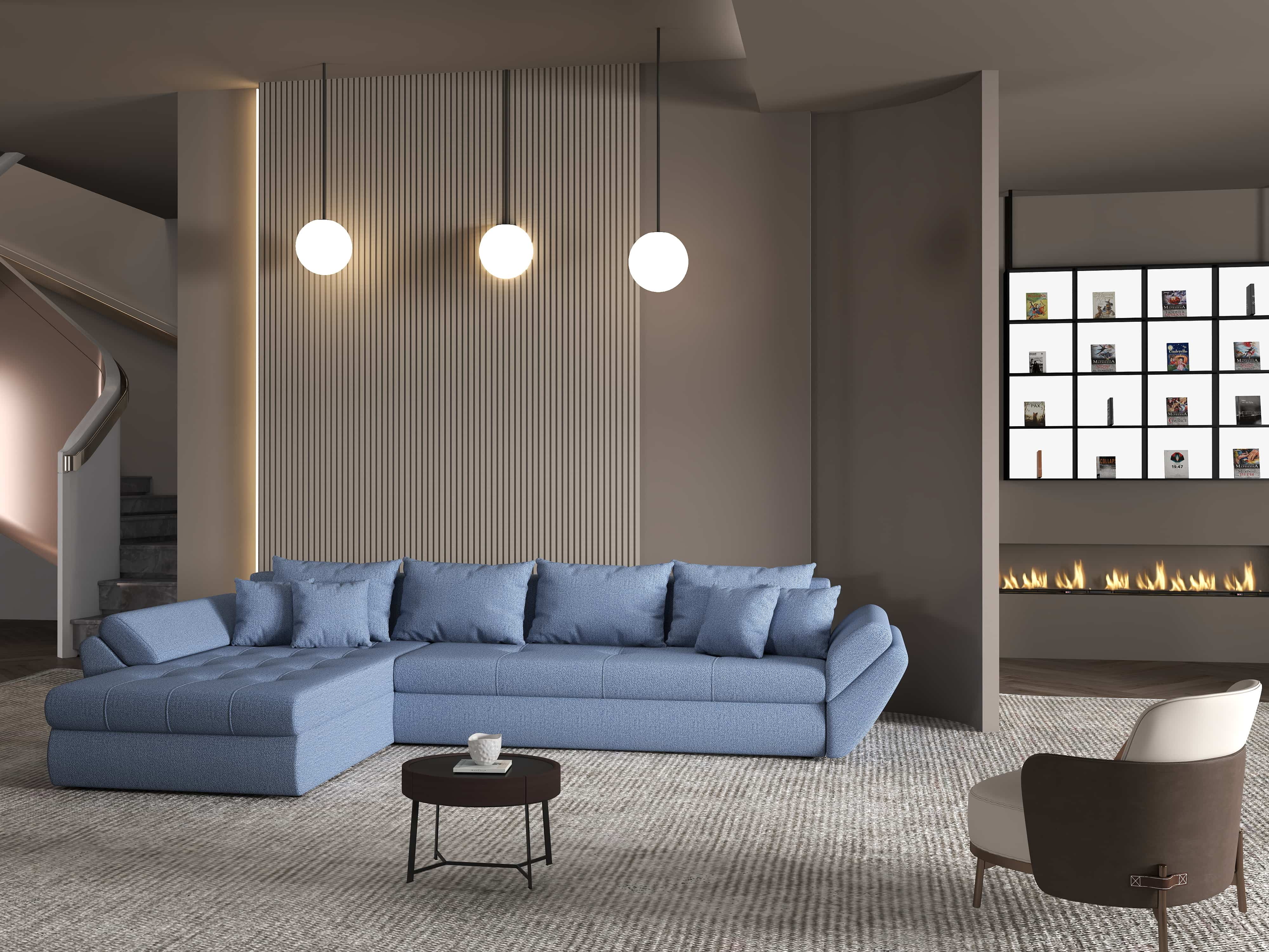 Colțar extensibil dumonde cu ladă de depozitare si sezut confortabil din spuma HR, Loana XL Enjoy Albastru 335x185 cm Fabrica