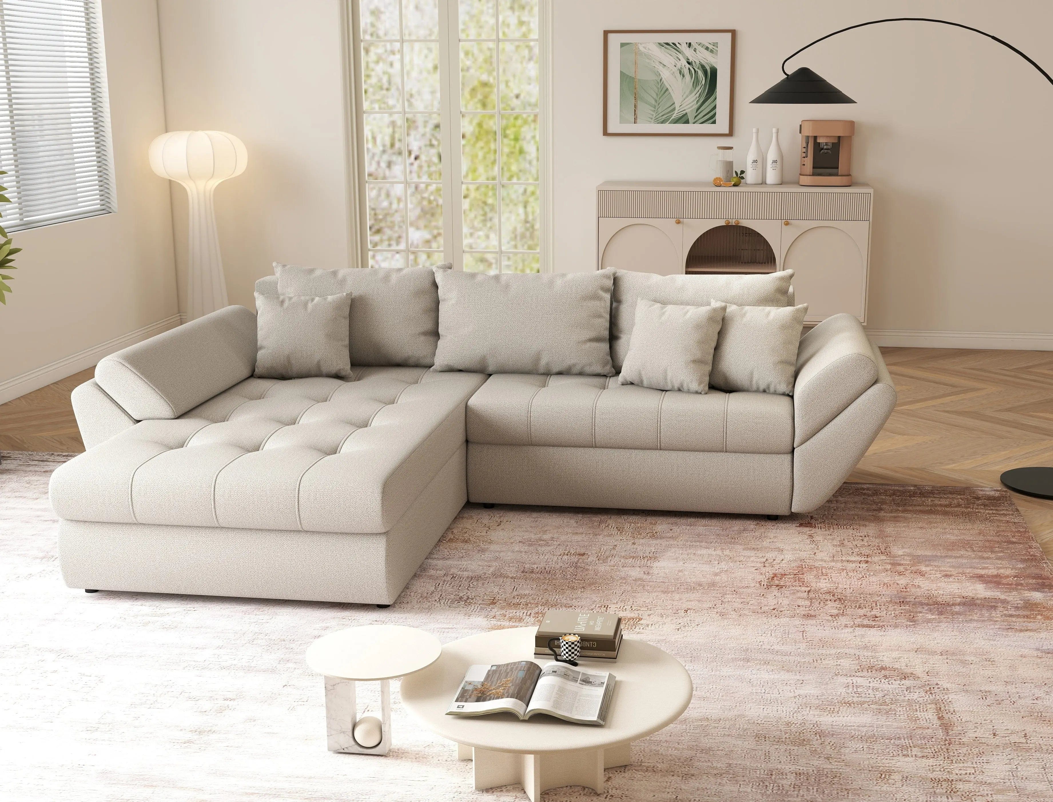 Colțar extensibil dumonde cu ladă de depozitare si sezut confortabil din spuma HR, Loana Bej 270x185 cm Fabrica
