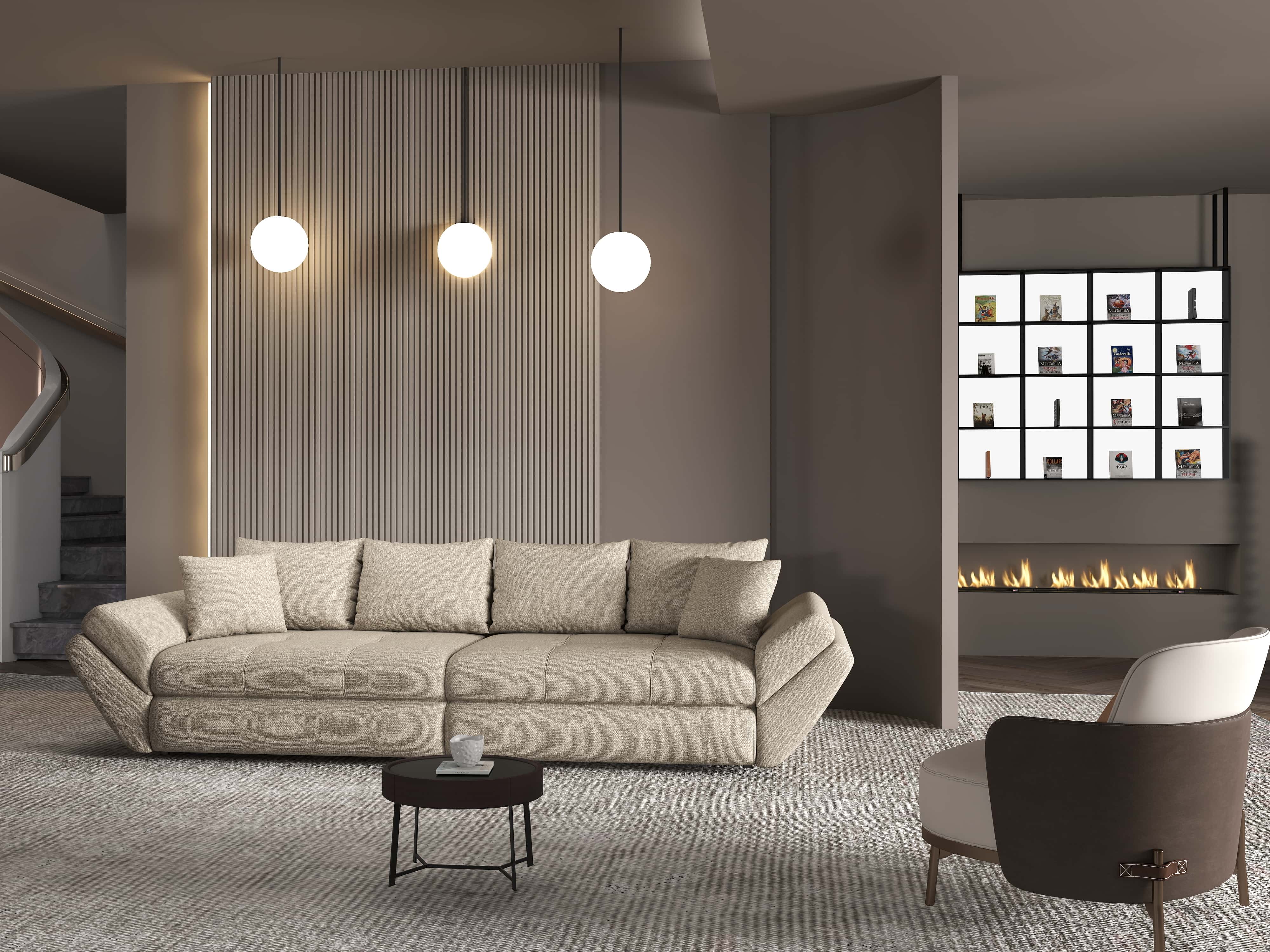 Canapea extensibilă dumonde cu ladă de depozitare si sezut confortabil din spuma HR, Loana Enjoy Camel 300x100 cm Fabrica