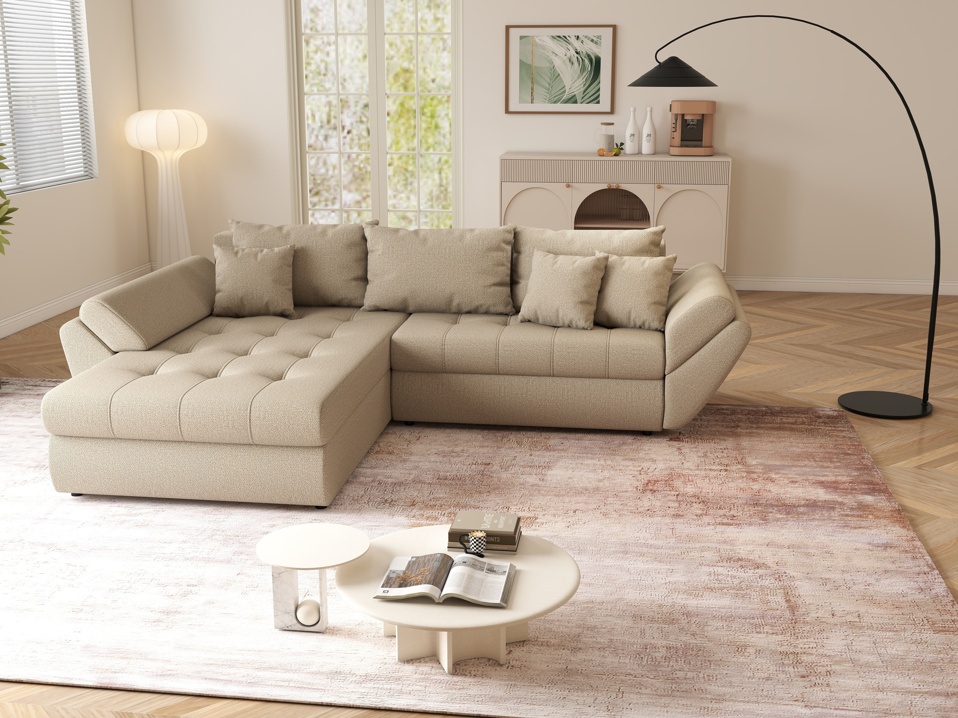 Colțar extensibil dumonde cu ladă de depozitare si sezut confortabil din spuma HR, Loana Enjoy Camel 270x185 cm Fabrica