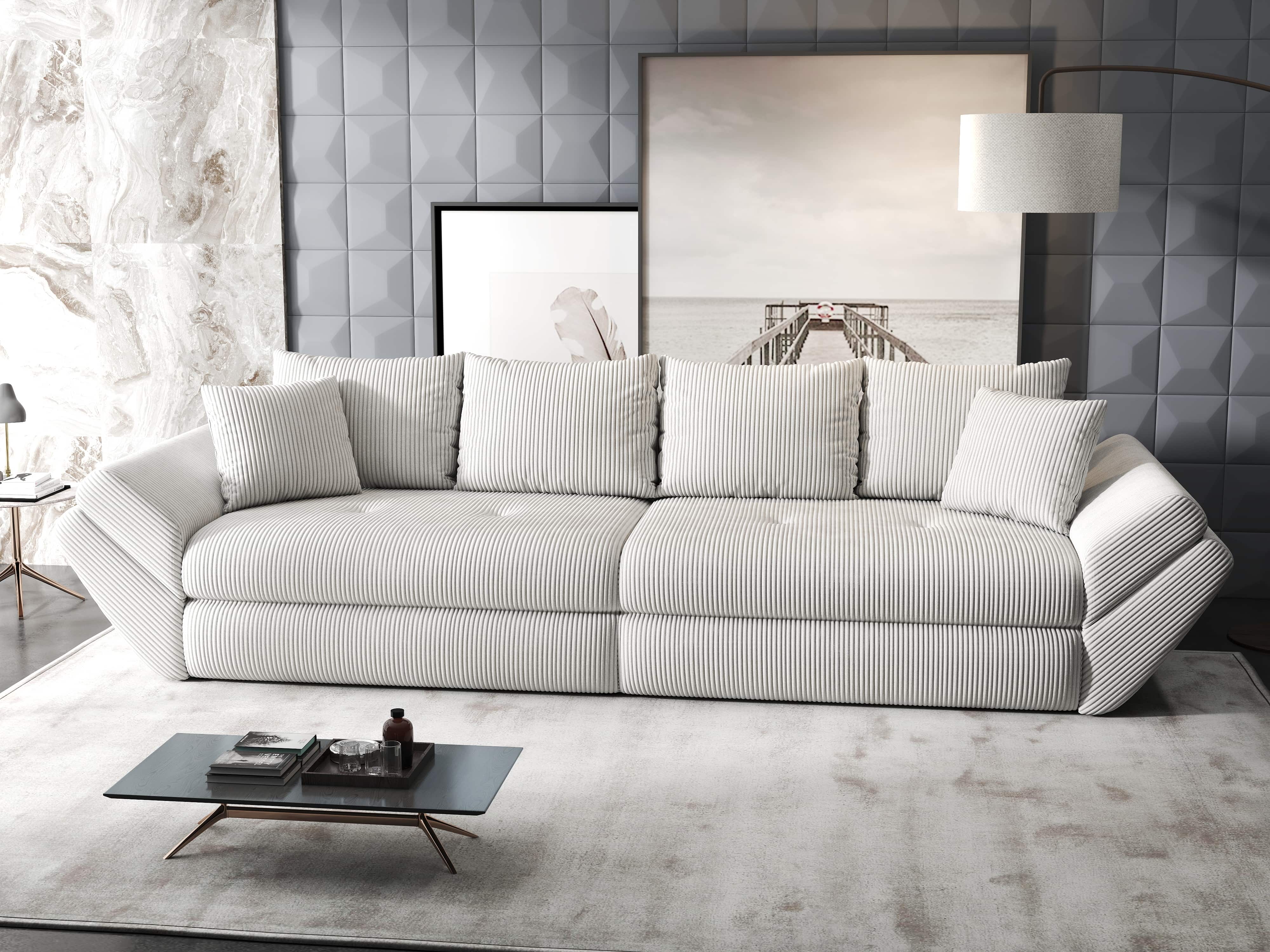 Canapea extensibilă dumonde cu ladă de depozitare si sezut confortabil din spuma HR, Loana Zoom Cream 300x100 cm Fabrica
