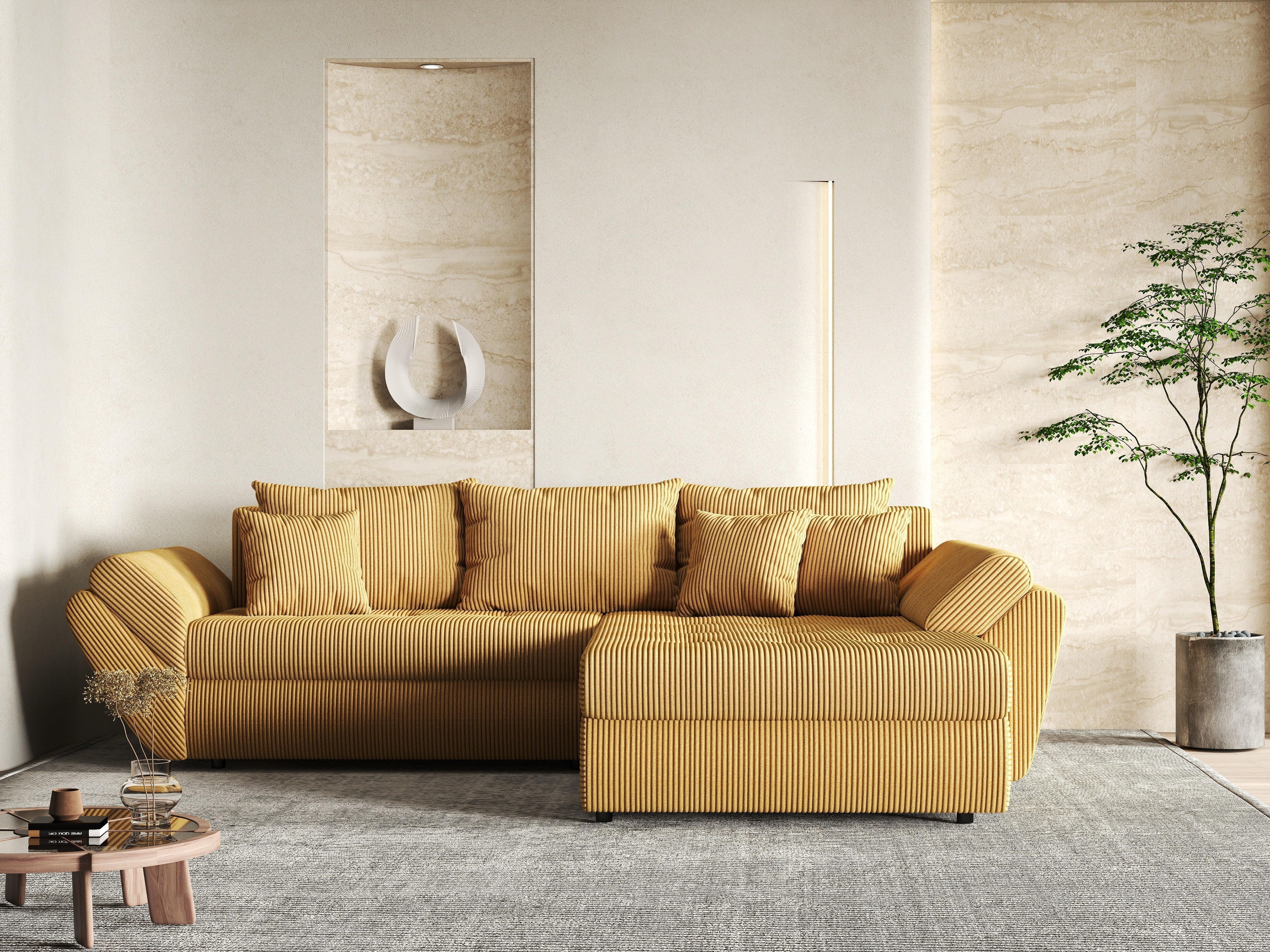 Colțar extensibil dumonde cu ladă de depozitare si sezut confortabil din spuma HR, Loana Zoom Mustar II 270x185 cm Fabrica