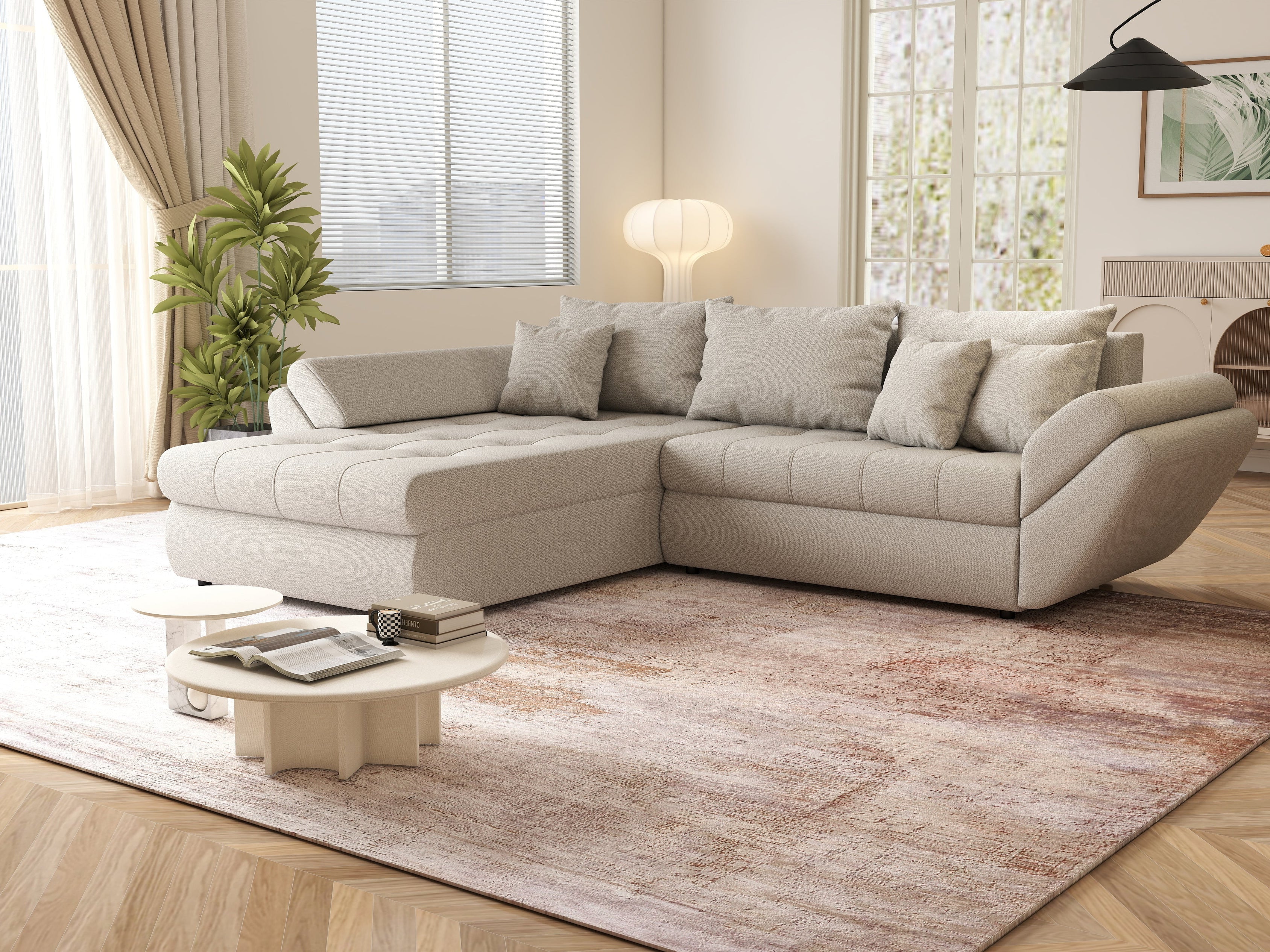 Colțar extensibil dumonde cu ladă de depozitare si sezut confortabil din spuma HR, Loana Enjoy Bej 270x185 cm Fabrica