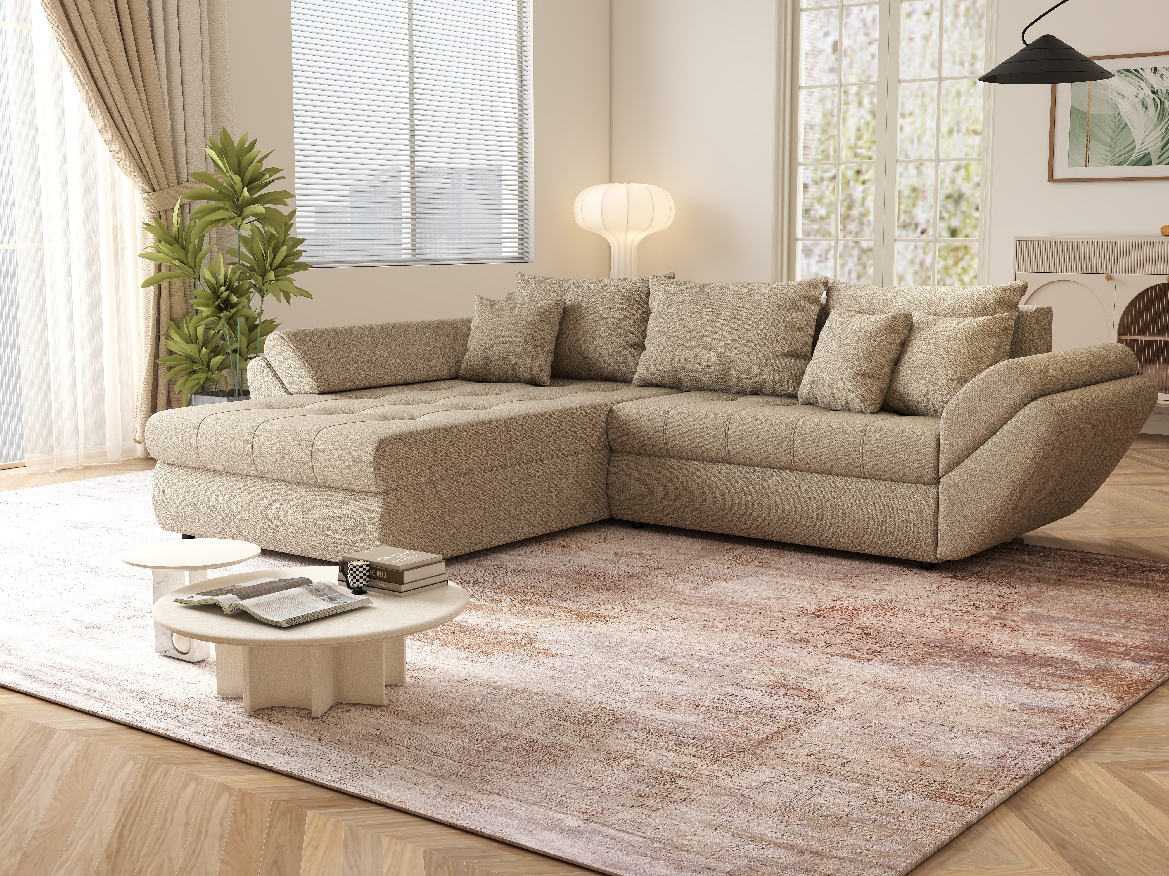 Colțar extensibil dumonde cu ladă de depozitare si sezut confortabil din spuma HR, Loana Enjoy Camel 270x185 cm Fabrica
