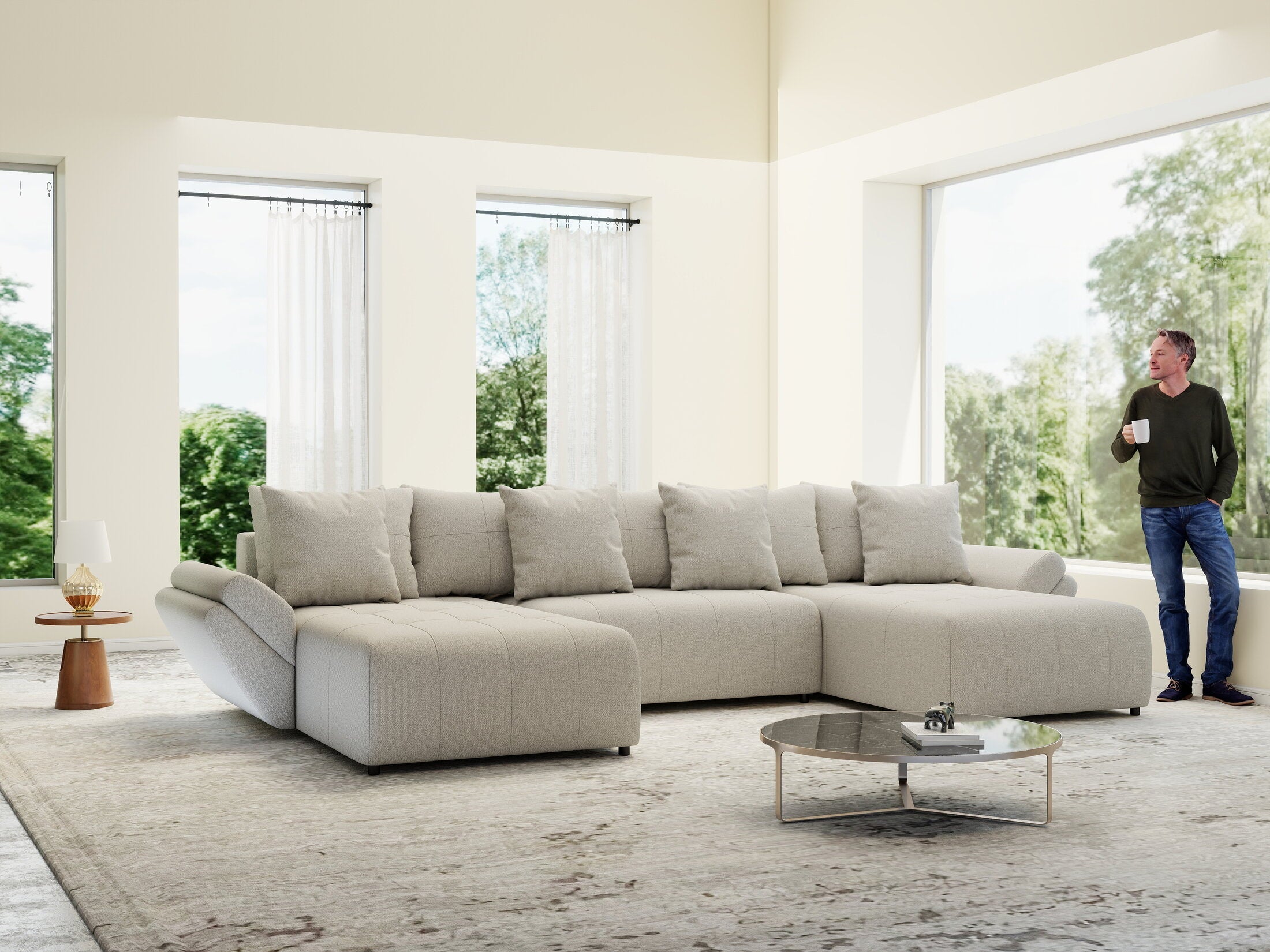 Colțar extensibil dumonde cu ladă de depozitare si sezut confortabil din spuma high-density, Berlin U Enjoy Bej 400x185 cm