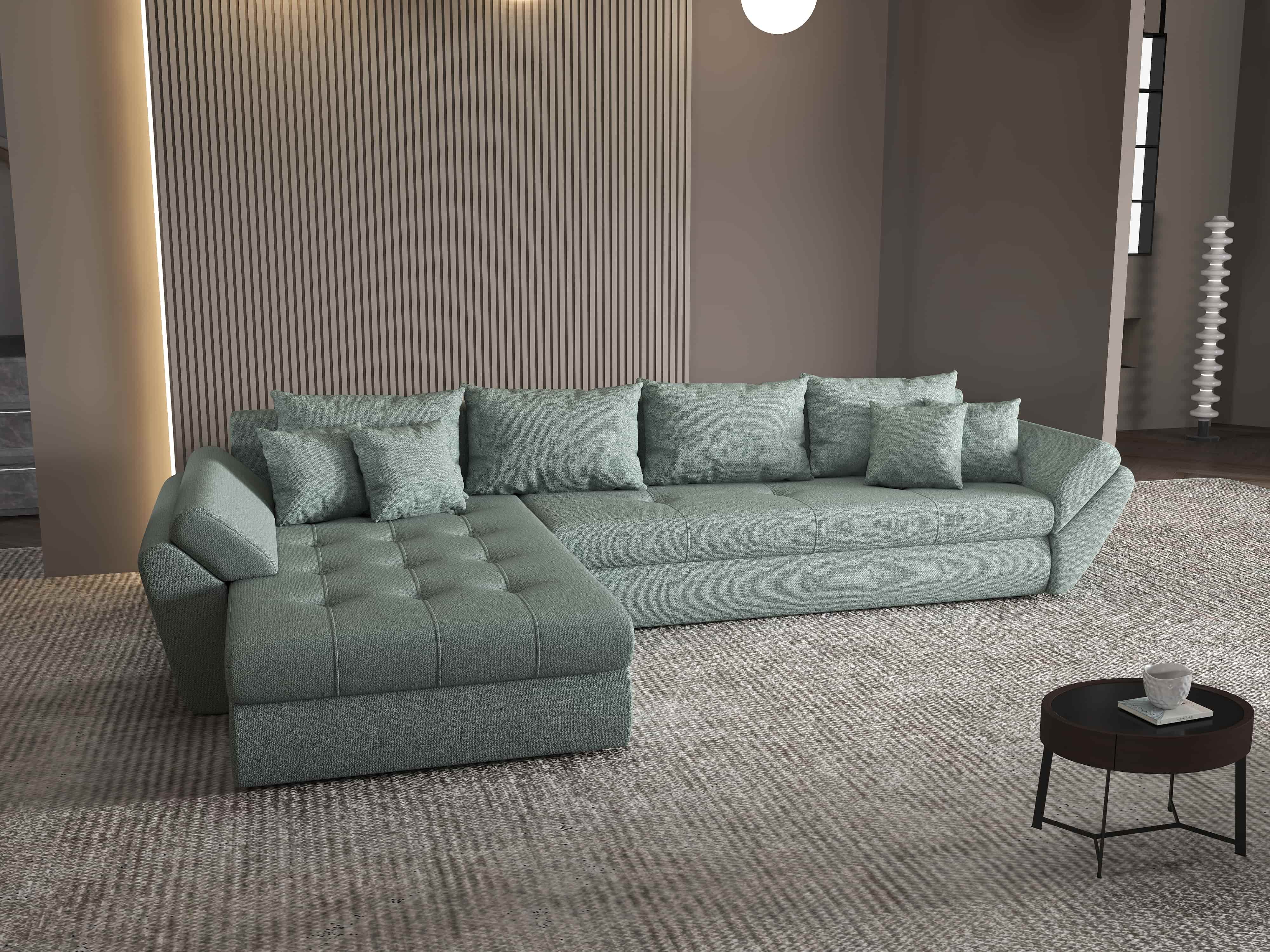 Colțar extensibil dumonde cu ladă de depozitare si sezut confortabil din spuma HR, Loana XL Enjoy Mint 335x185 cm Fabrica