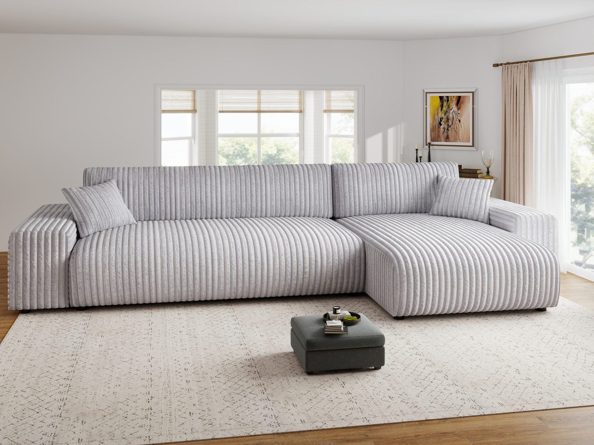 Dumonde kihúzható sarokkanapé tárolórekesszel és kényelmes, nagy sűrűségű habszivacs ülőfelülettel, Justin Tilia gri 294x144 cm