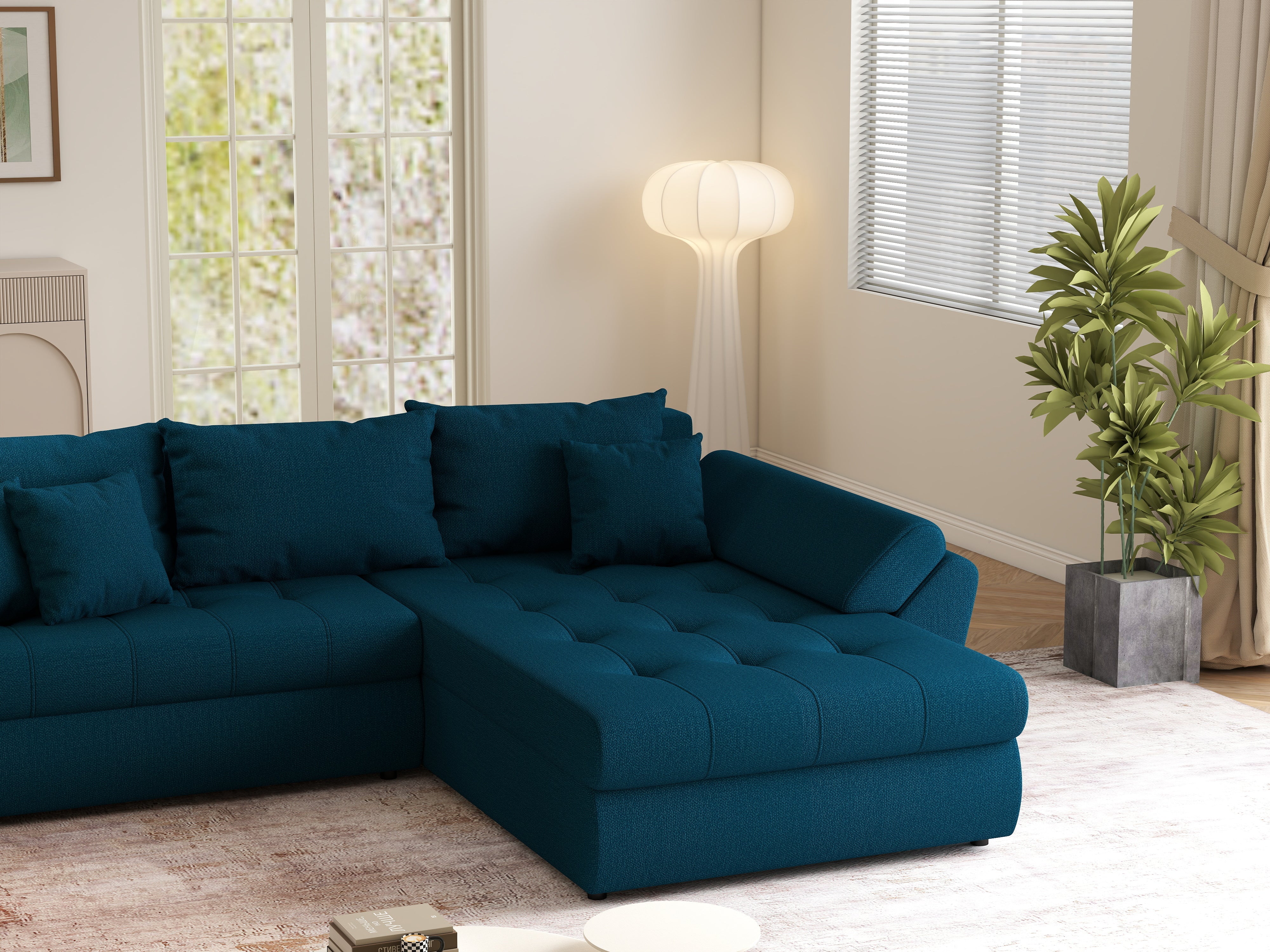 Colțar extensibil dumonde cu ladă de depozitare si sezut confortabil din spuma HR, Loana Enjoy Petrol II 270x185 cm Fabrica