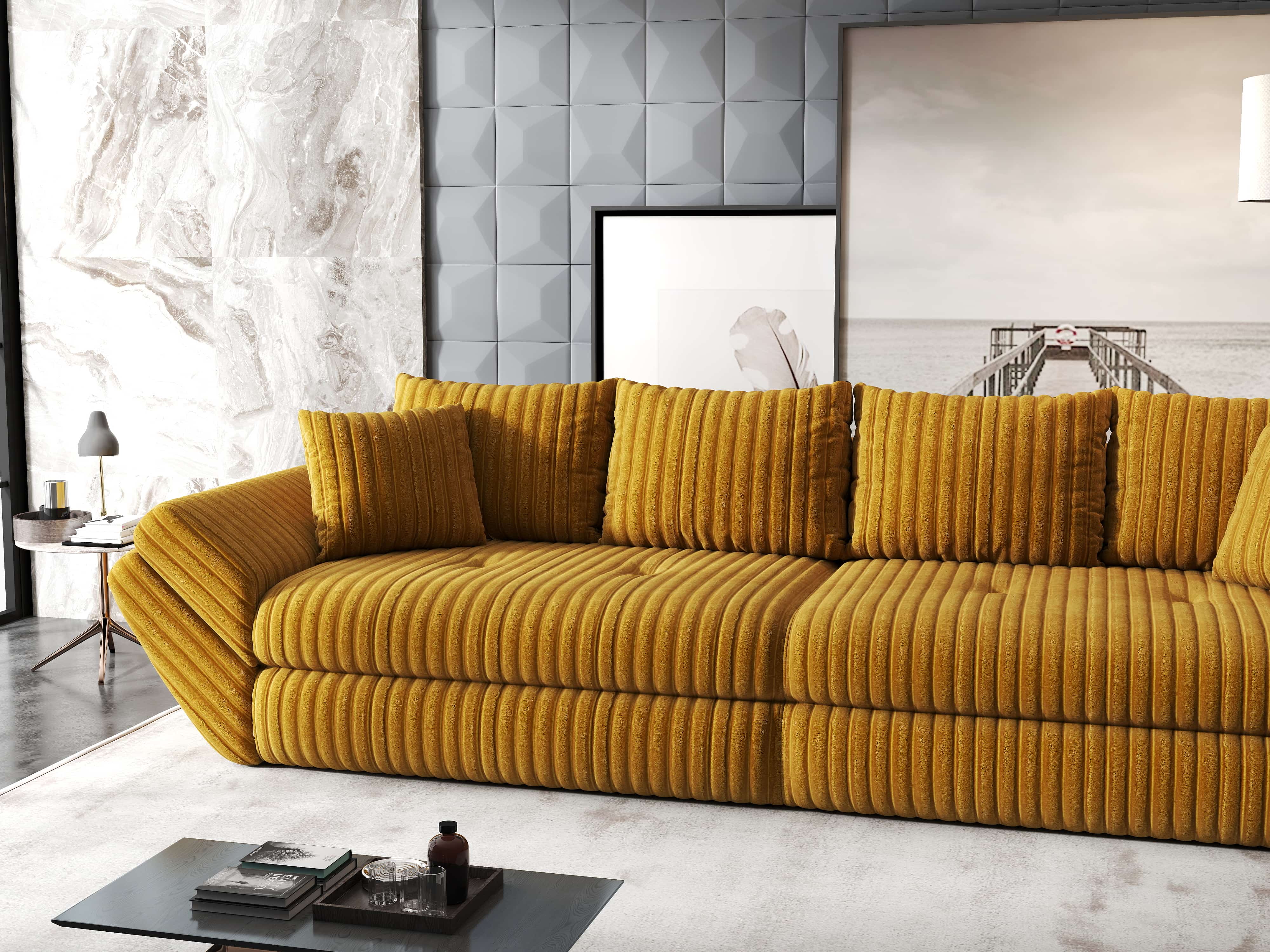 Canapea extensibilă dumonde cu ladă de depozitare si sezut confortabil din spuma HR, Loana Ambience Mustar 300x100 cm Fabrica