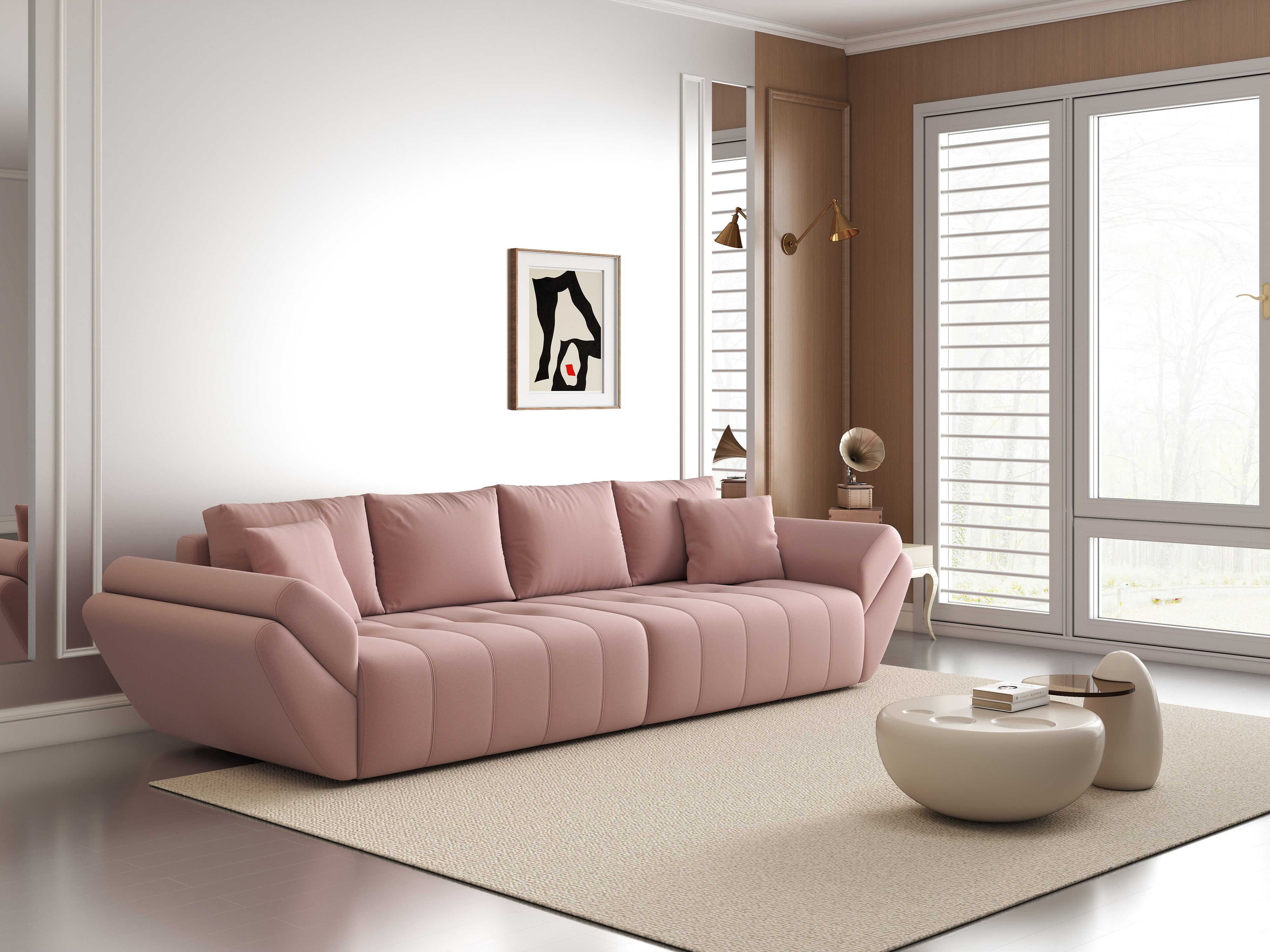 Canapea extensibilă dumonde cu ladă de depozitare si sezut confortabil din spuma HR, Berlin Royal Pink 300x100 cm Fabrica