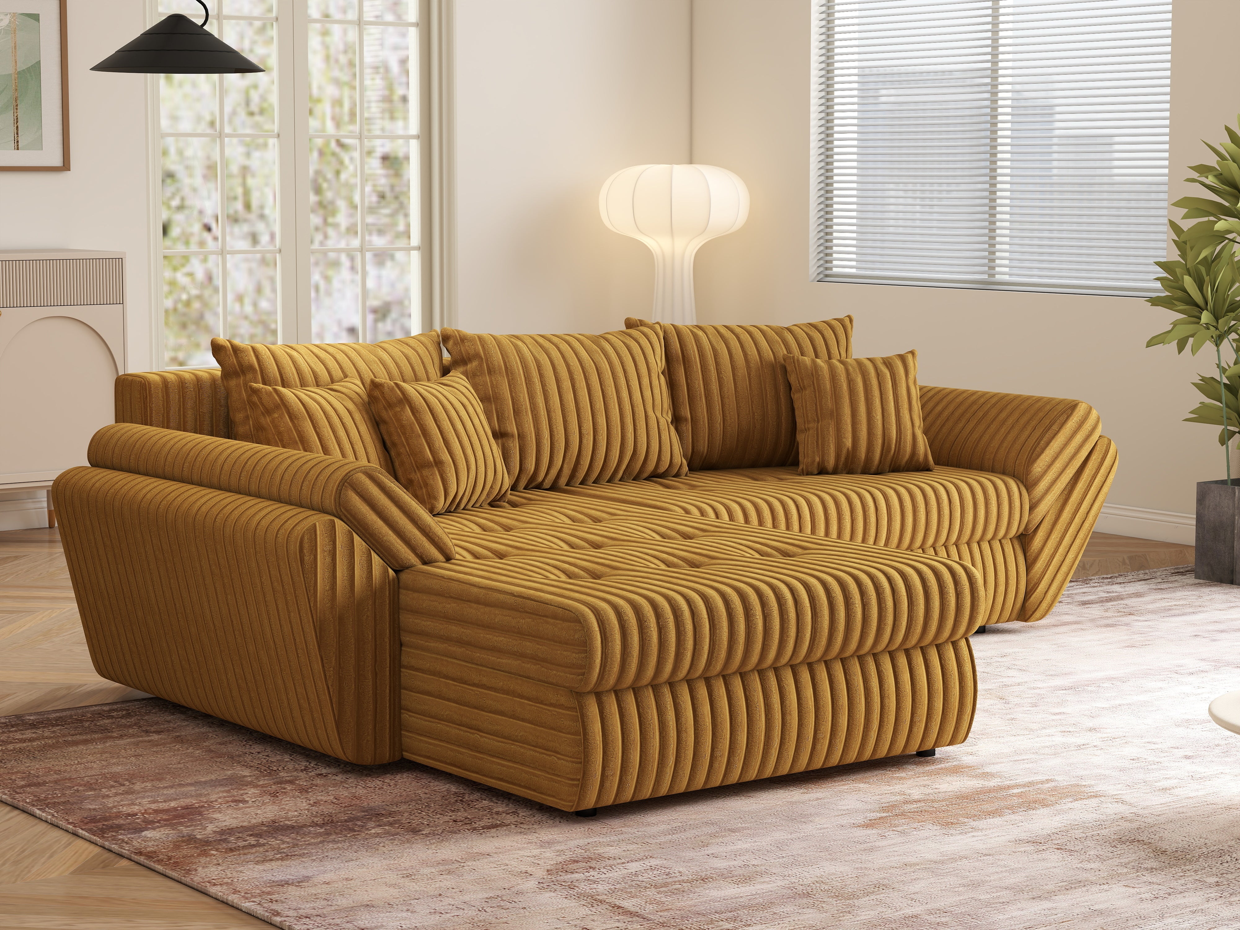 Colțar extensibil dumonde cu ladă de depozitare si sezut confortabil din spuma HR, Loana Ambience Mustar 270x185 cm Fabrica