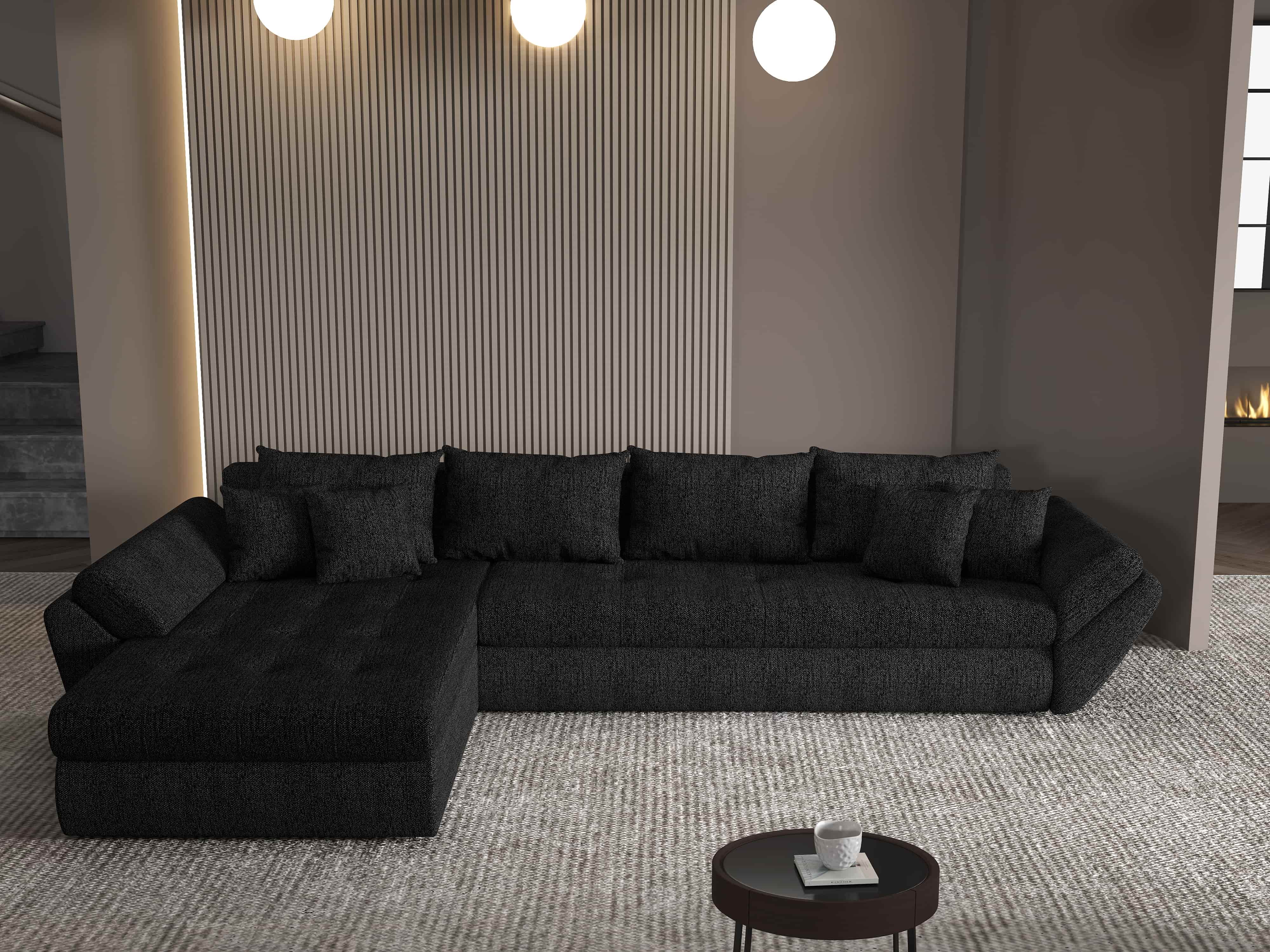 Colțar extensibil dumonde cu ladă de depozitare si sezut confortabil din spuma HR, Loana XL Enjoy Negru 335x185 cm Fabrica