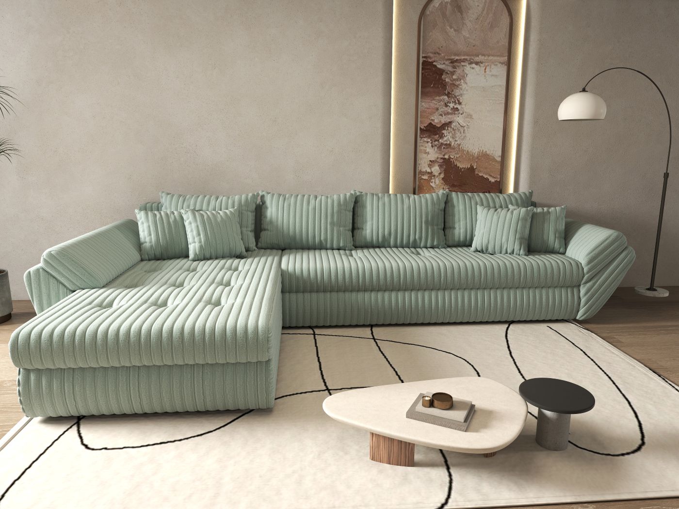 Colțar extensibil dumonde cu ladă de depozitare si sezut confortabil din spuma HR, Loana XL Ambience Mint 335x185 cm Fabrica